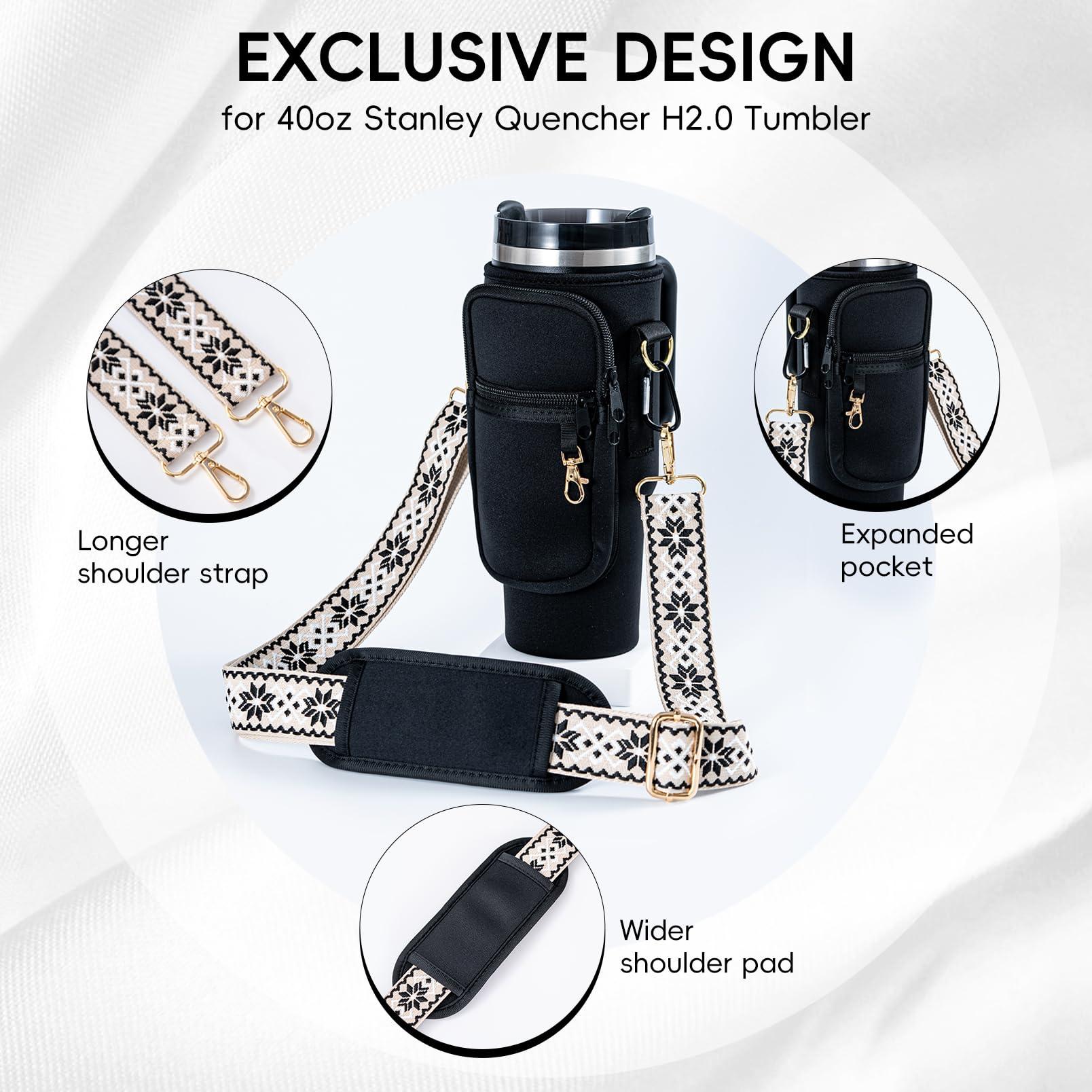 SWANSWIFT SWANSWIFT Upgraded Stanley Cup Carrier Bag Accessories for 40oz/30oz with Phone Pocket Tumbler Water Bottle Holder with Adjustable Strap with 2 Straw Covers &1 Carabiner (Black)