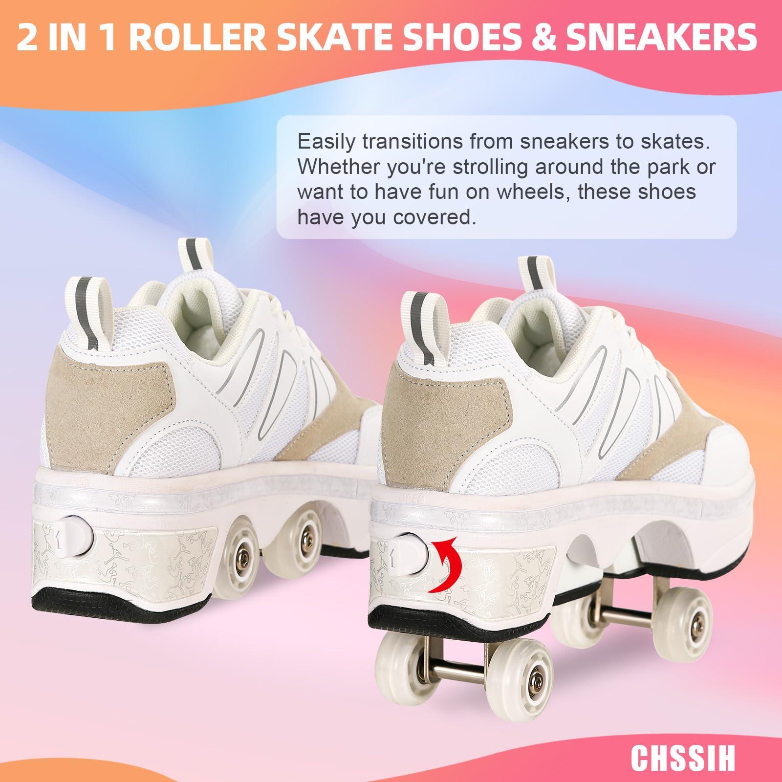 CHSSIH Shoes with Wheels Roller Skate Shoes for Girls, Kids, Women, Men & Adults | Retractable High Roller Skating Shoes That Pop Out Into Sneaker Skates - White, 5.5