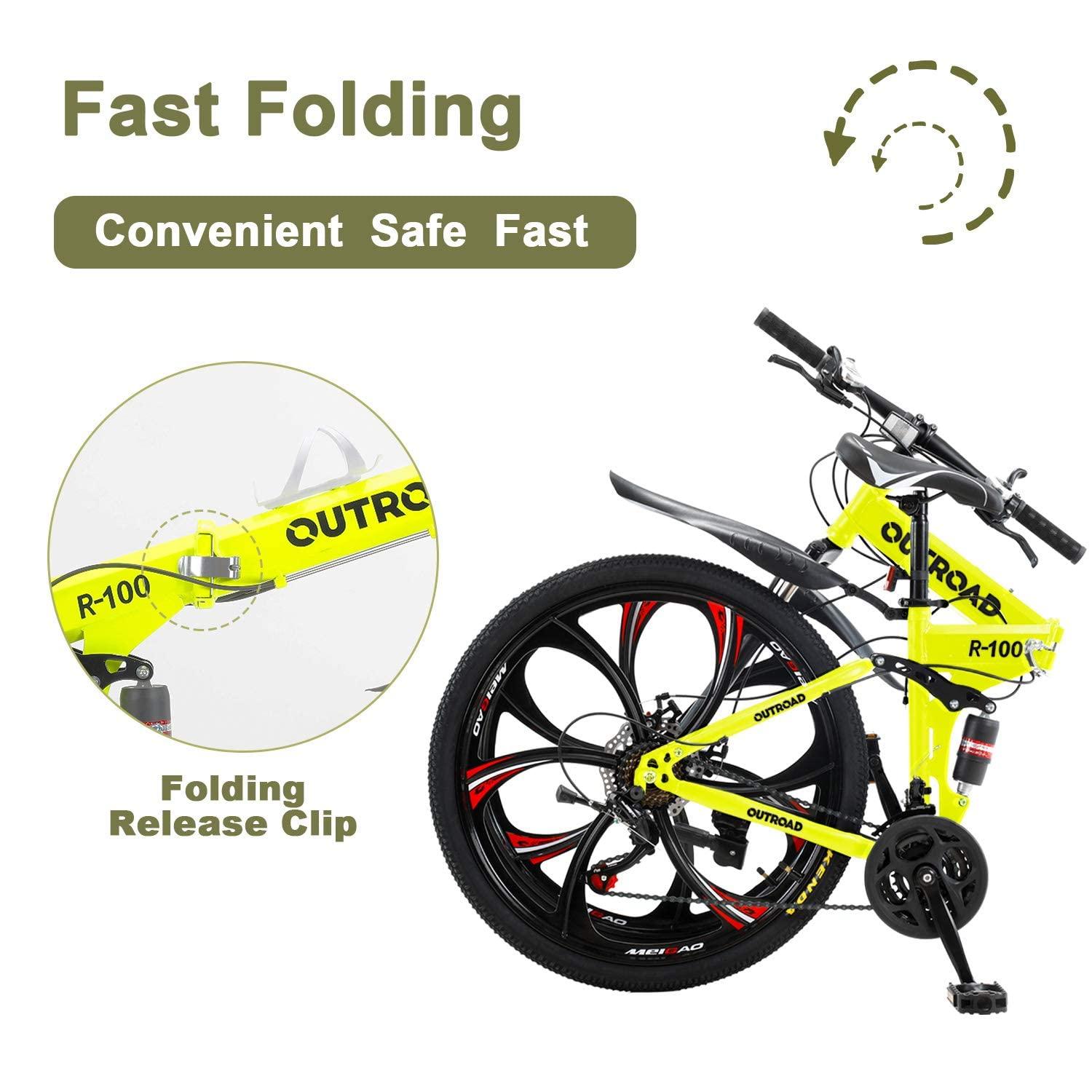 Omelaza Omelaza 26 ich Folding Mountain Bike, 21 Speed Mountain Bike for Adults, Foldable Bicycle with Dual-disc Brake System, Front Suspension Folding Bicycle for Men and Women Green