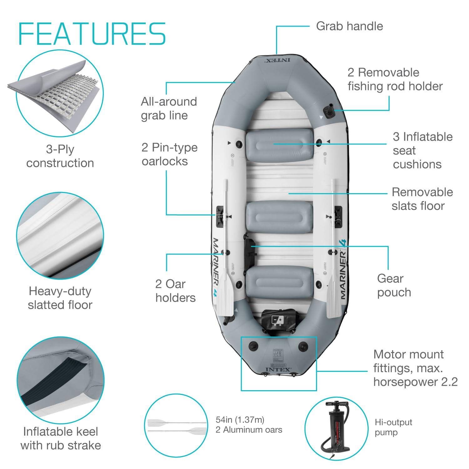Intex INTEX 68373EP Mariner 3 Inflatable Boat Set: Includes Deluxe 54in Boat Oars and High-Output Pump Wear-Resistant Keel Removable Fishing Rod Holders 3-Person 880lb Weight Capacity