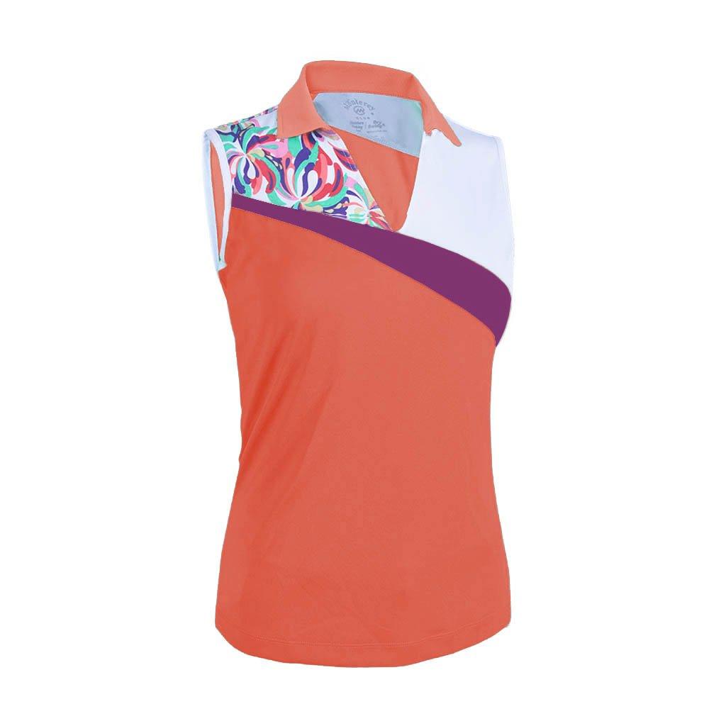 Monterey Club Monterey Club Women's Fountain Floral Print Block Sleeveless Polo #2345 (Peach Pink/White, Medium)