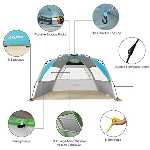G4Free G4Free Easy Set up Beach Tent Deluxe XL, Portable Beach Shade 4 Person Pop up Sun Shelter UPF 50+ UV Protection Large Family Size(Lake-Blue)