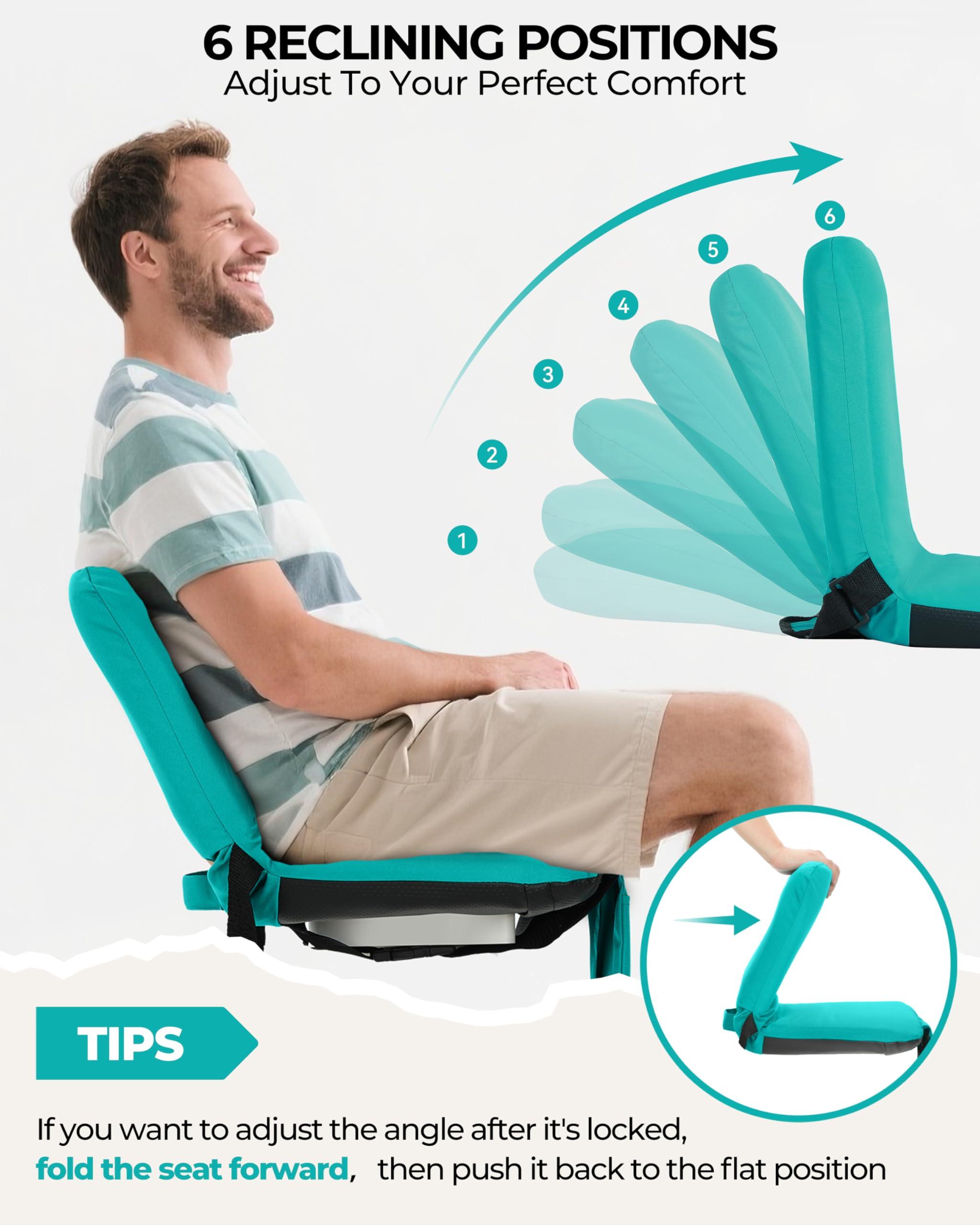 Sportneer Sportneer Bleacher Chairs with Back and Cushion: 6 Reclining Positions Bleacher Seat with Carry Handle & Storage Pocket - Folding Stadium Seats with Back Support for Sports Outdoors, Light Blue 2 Pack