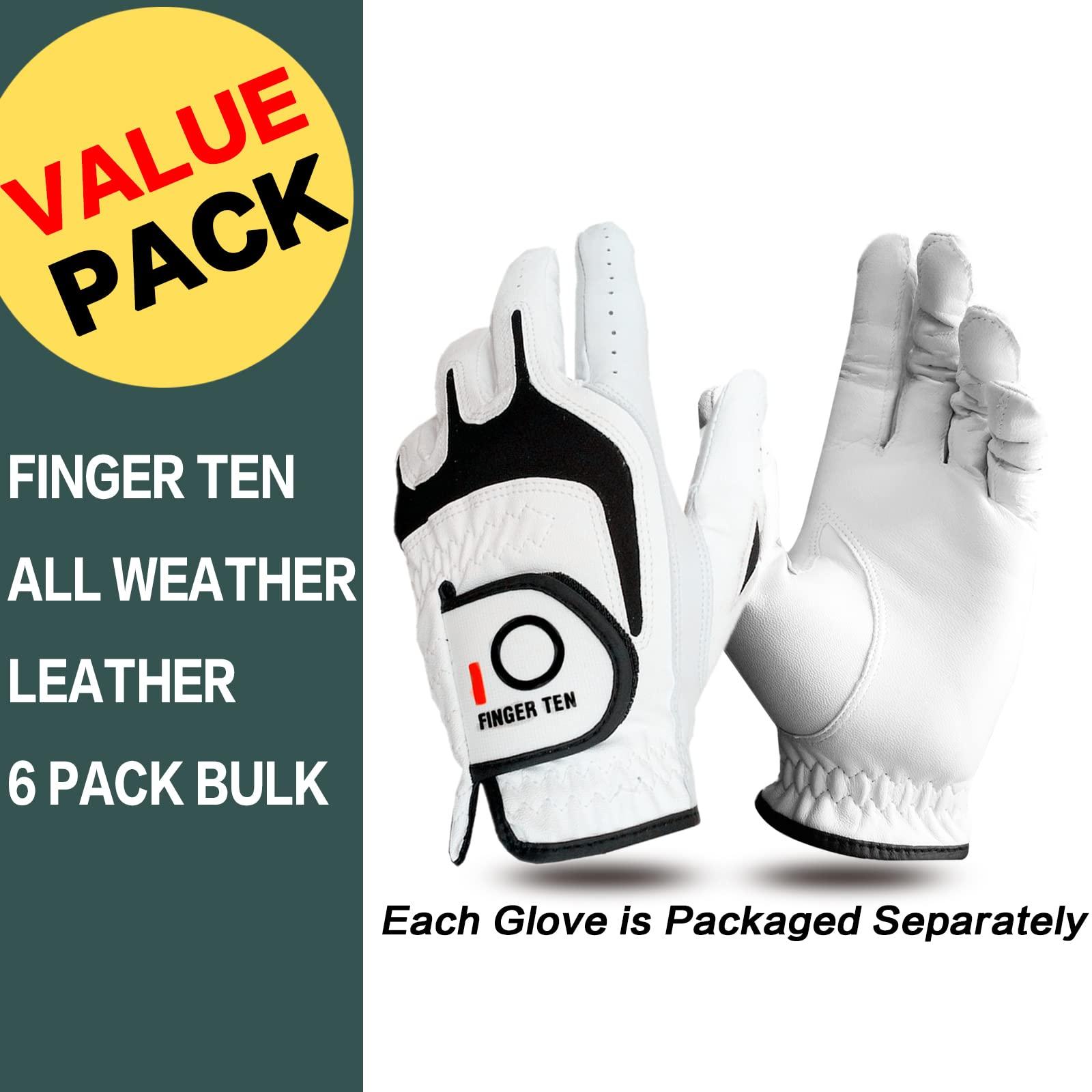 FINGER TEN FINGER TEN Golf Gloves Men Right Left Handed Golfer 3/6 Pack Mens Golf Glove Left Right Hand Soft Cabretta Leather All Weather Grip Size S M ML L XL (White-6 Pack, X-Large, Left)