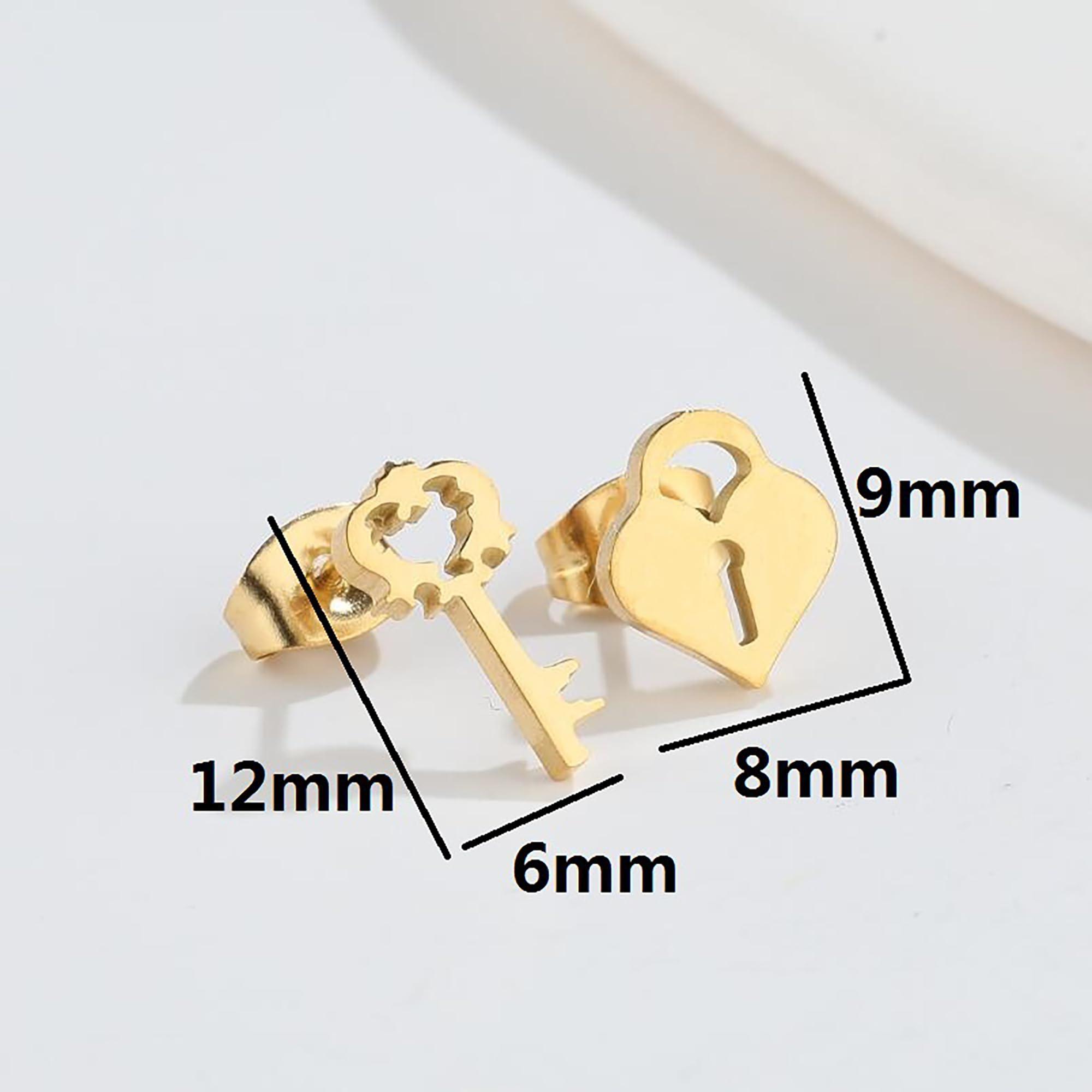 ohlala jewelry Titanium Key Lock Stud Earrings, Non Tarnish Earrings, Implant Grade Titanium Waterproof Earrings, Vintage Style Earrings, Minimal Earrings (Gold)