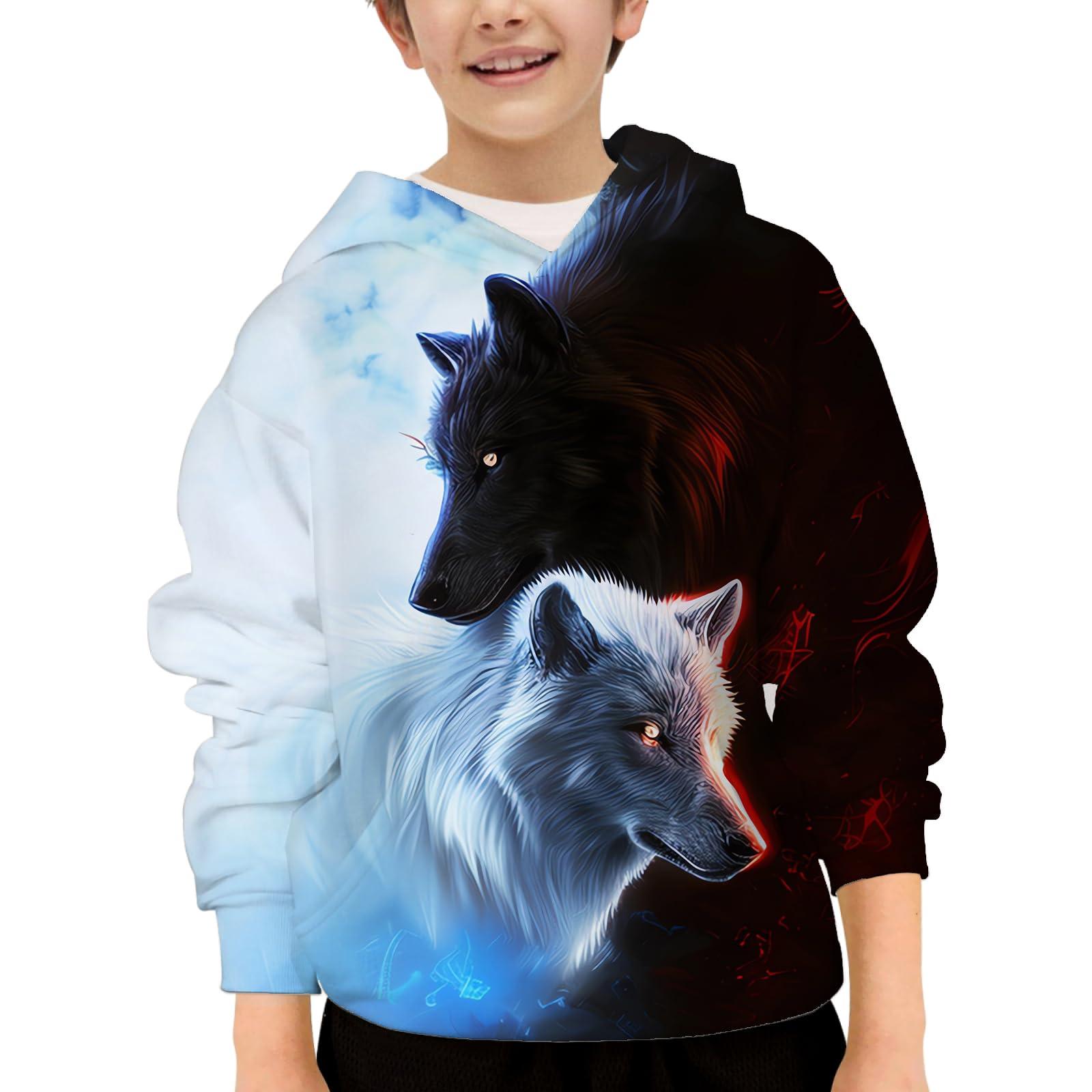 Zenzenze Zenzenze Black White Wolf Hoodies for Boys Girls 3D Printed Hooded Sweatshirts Long Sleeve Pullover Hoodie with Pocket 6-16 Years