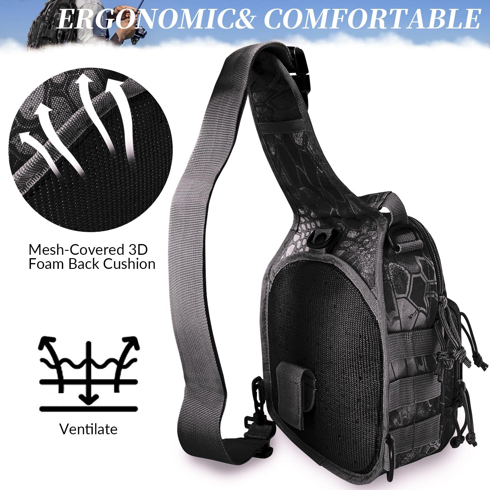 Bnqoe Fishing Backpack Fishing Tackle Storage Bag Fishing Gear with Rod Holder Small Sling Backpack for Outdoor Fish,Hiking,Travel,Hunting (E-Camouflage Black)