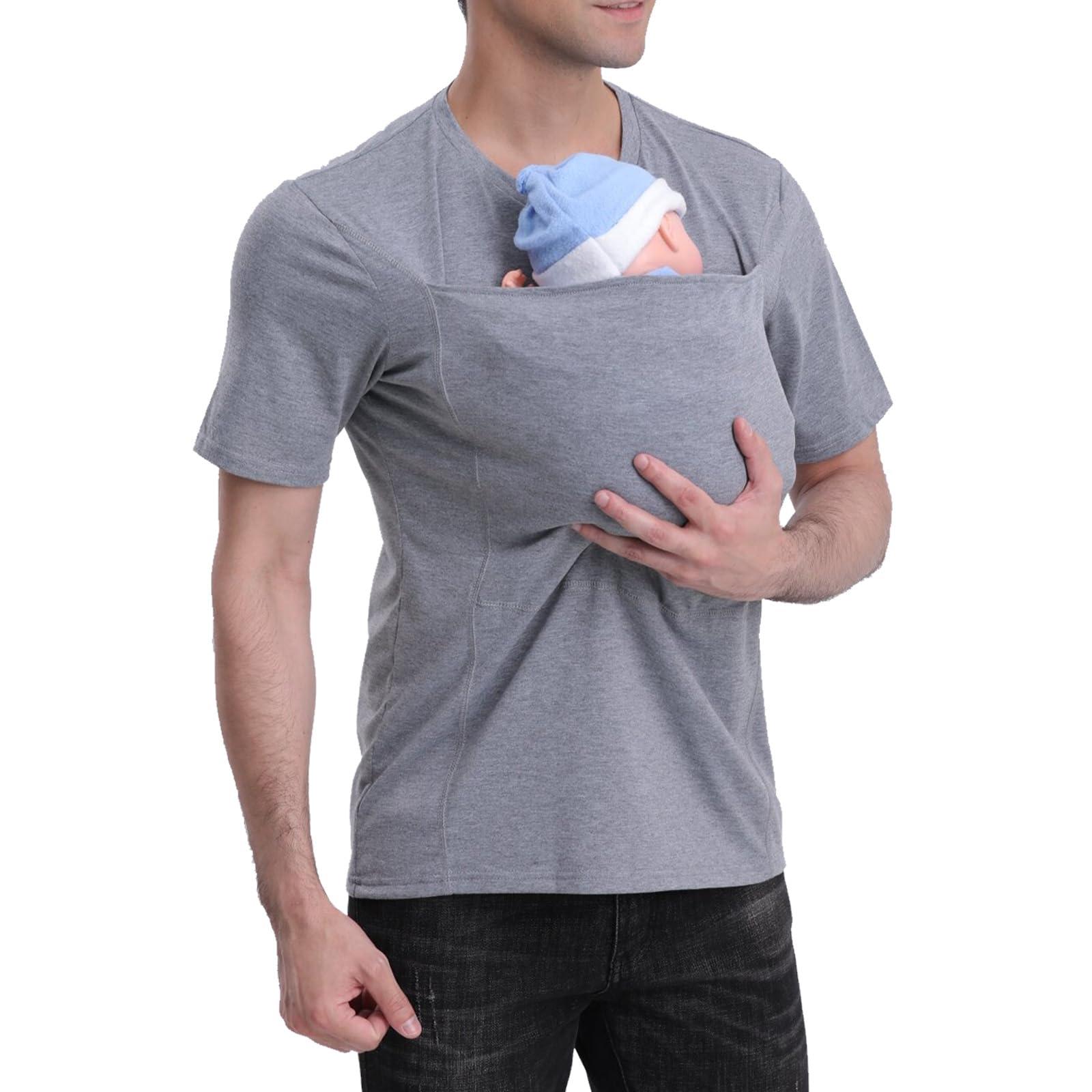 Jefuzh Mens Baby Carrier Shirt, Kangaroo Shirt for Dad and Baby V Neck Short Sleeve Kangaroo T Shirt for Dad with Hat-Grey Hat-3XL