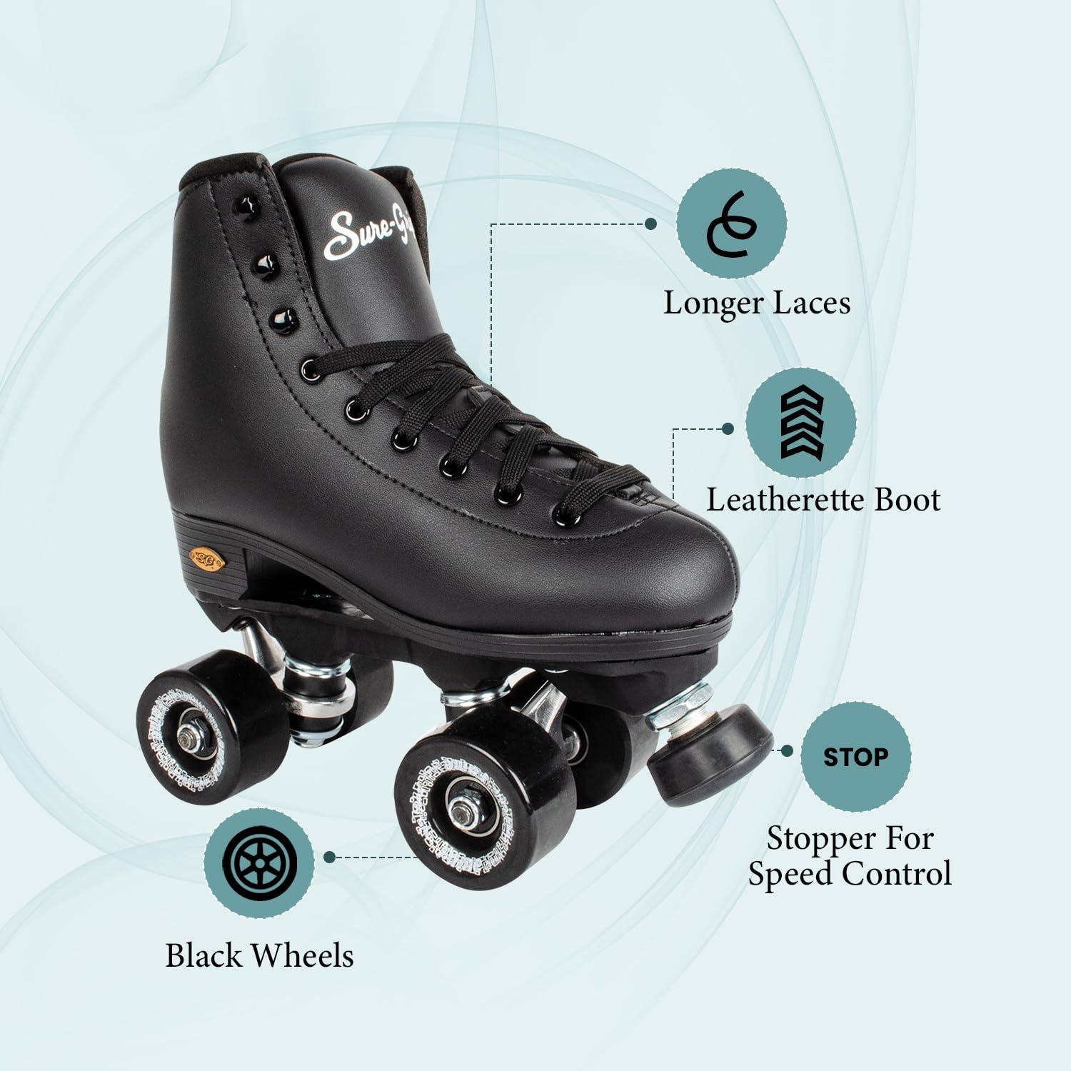 Sure-Grip Sure Grip Fame Men & Women Premium Roller Skates Black Leatherette | Stylish Skates for Indoors - Double Structure, Stronger Grip, Extra Long Laces - Suitable for Beginners