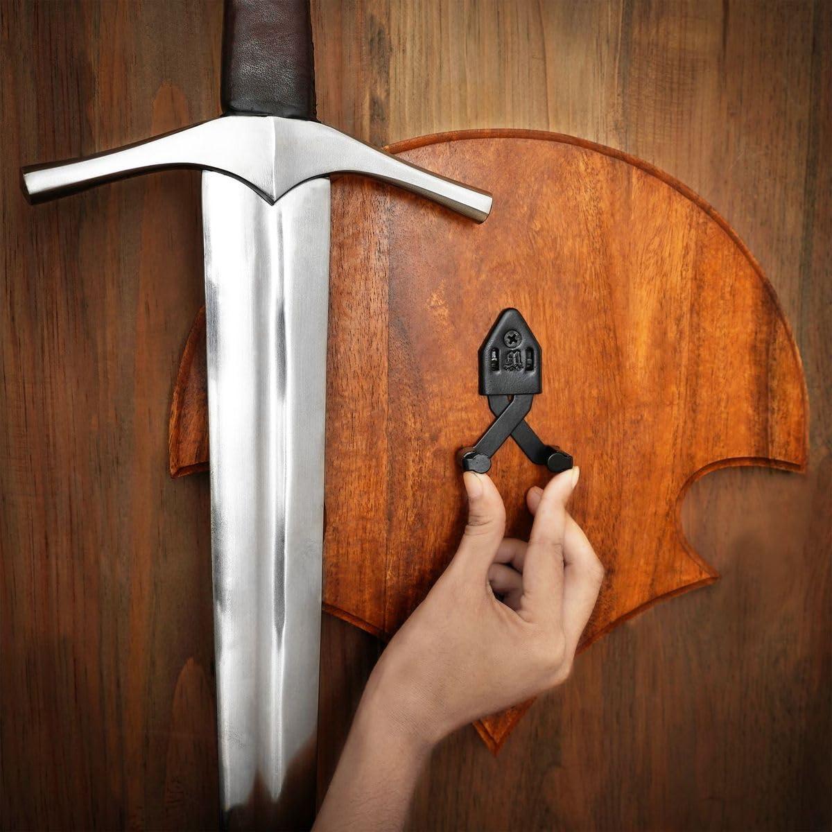 Mythrojan Mythrojan Wooden Sword Wall Mount Medieval Sword Plaque Sword Holder for Display Holder with Hardware Sword Hanger Wall Vertical Mount Single Rack Display Holder Home Dcor, Natural - 11.75\" x 11.75\"