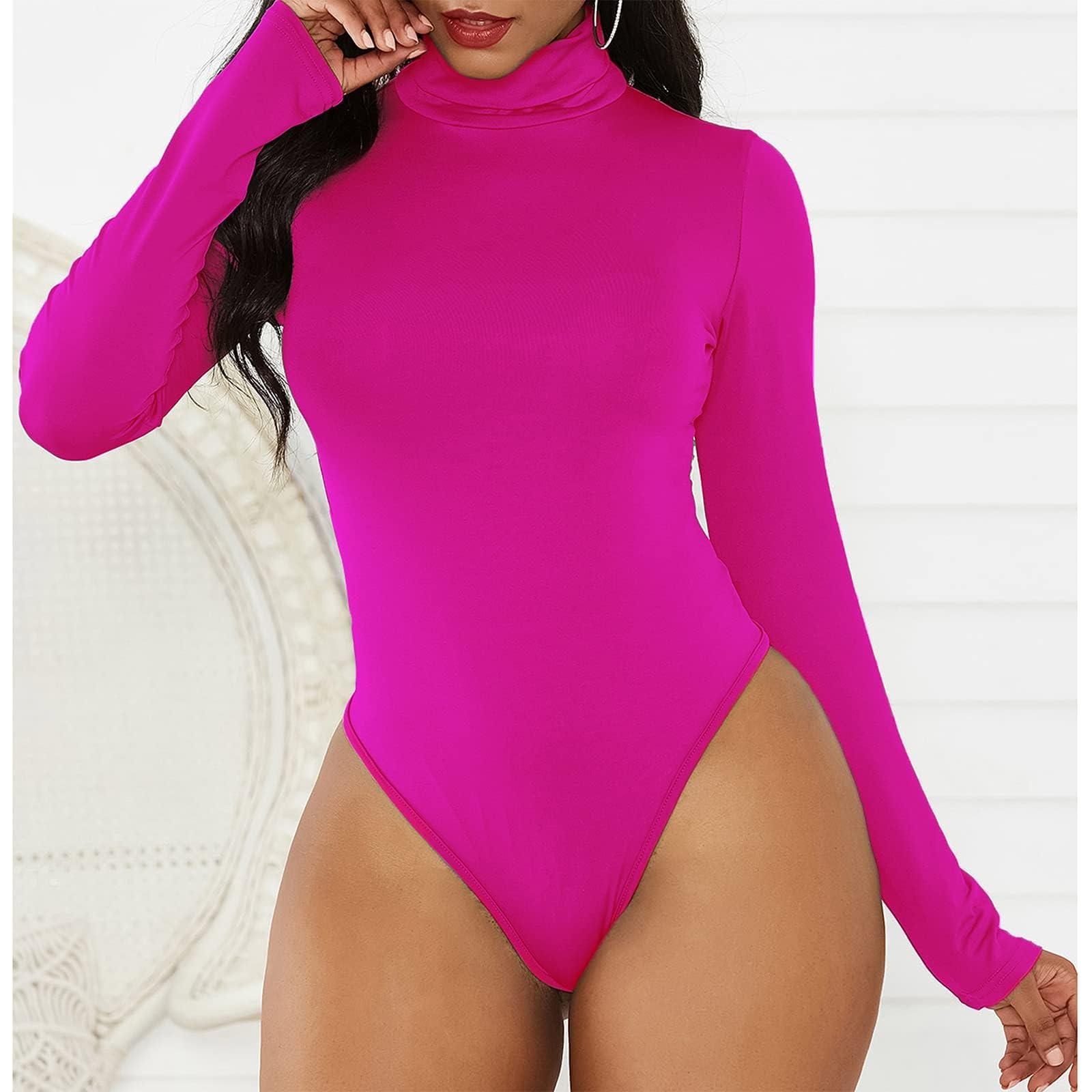 American Trends Hot Pink Bodysuit for Women Pink Long Sleeve leotard Neon Pink Turtleneck Leotards Neon Mock Turtle Neck Body Suit Shapewear Tops Rose Red S