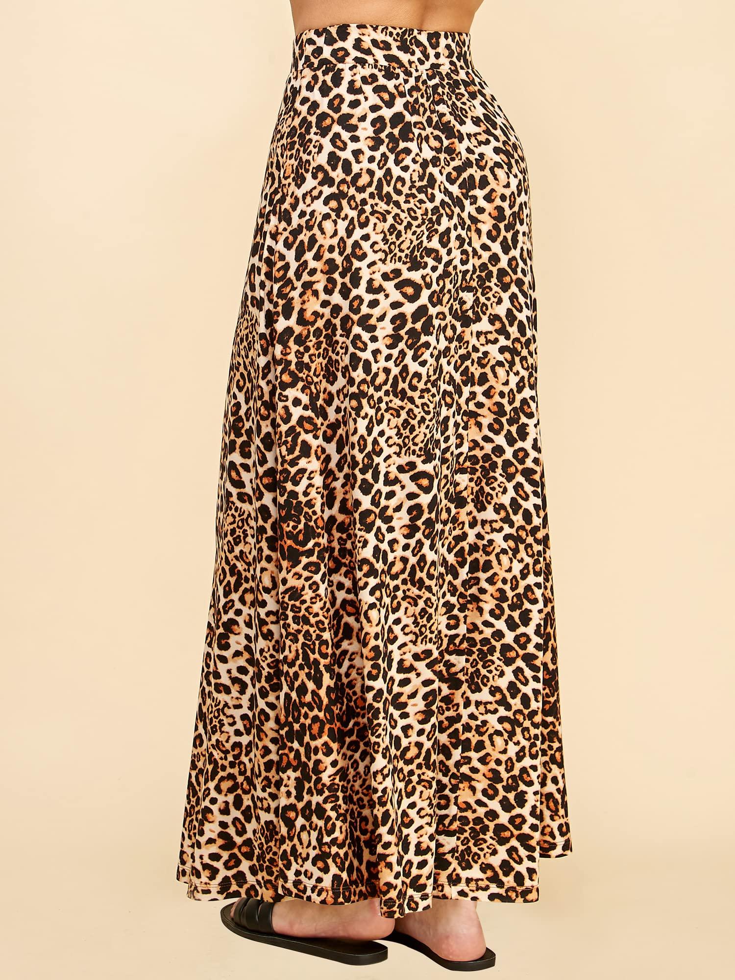 Lock and Love LL WDR1434 Womens Leopard Print Maxi Skirt with Elastic Waist Band XL Leopard