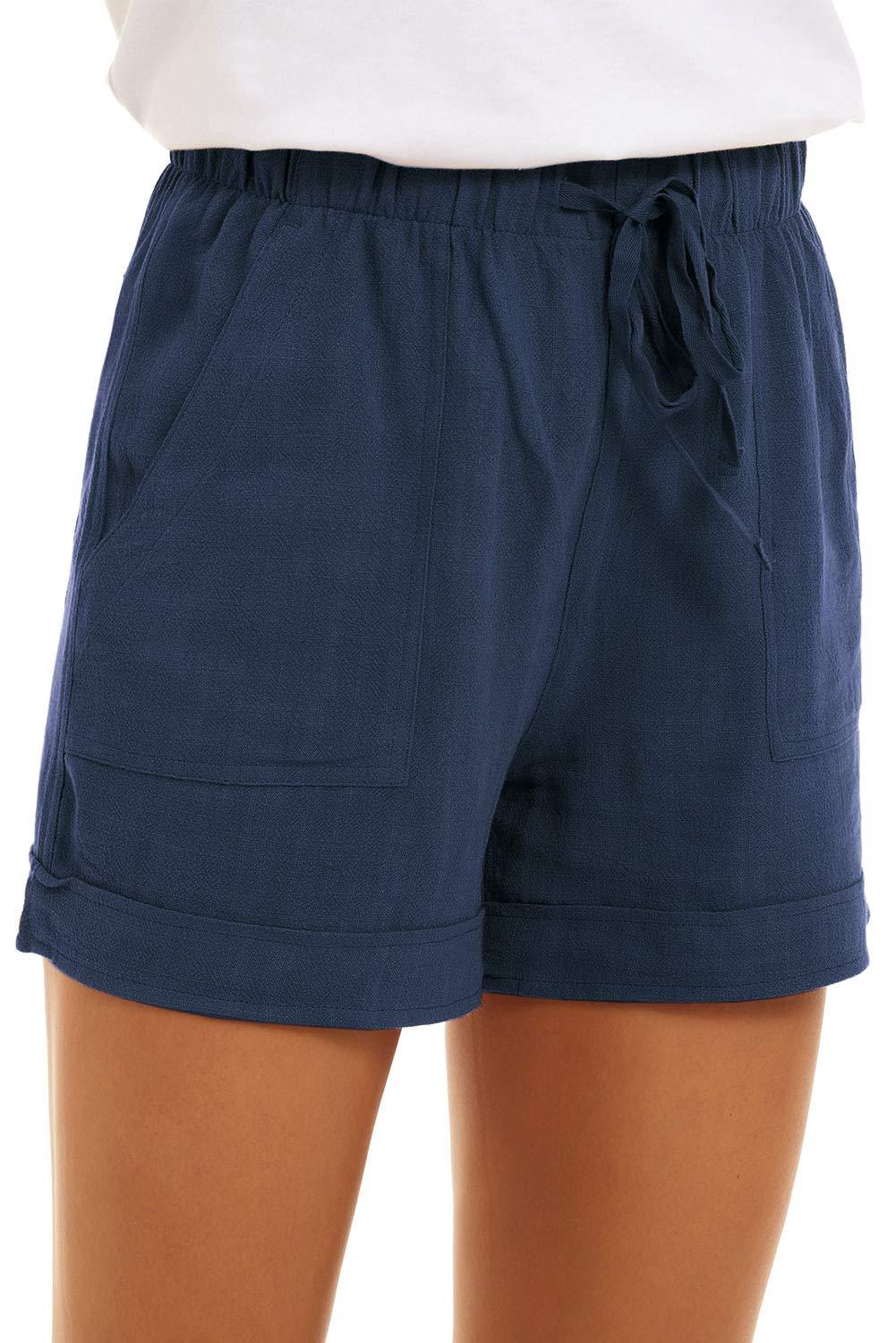 KINGFEN KINGFEN Shorts for Women Ladies Comfy Pull On Shorts Women 5 Inch Inseam Casual Summer Beach Lightweight Drawstring Elastic Waist Linen Short with Pockets Dark Blue Medium