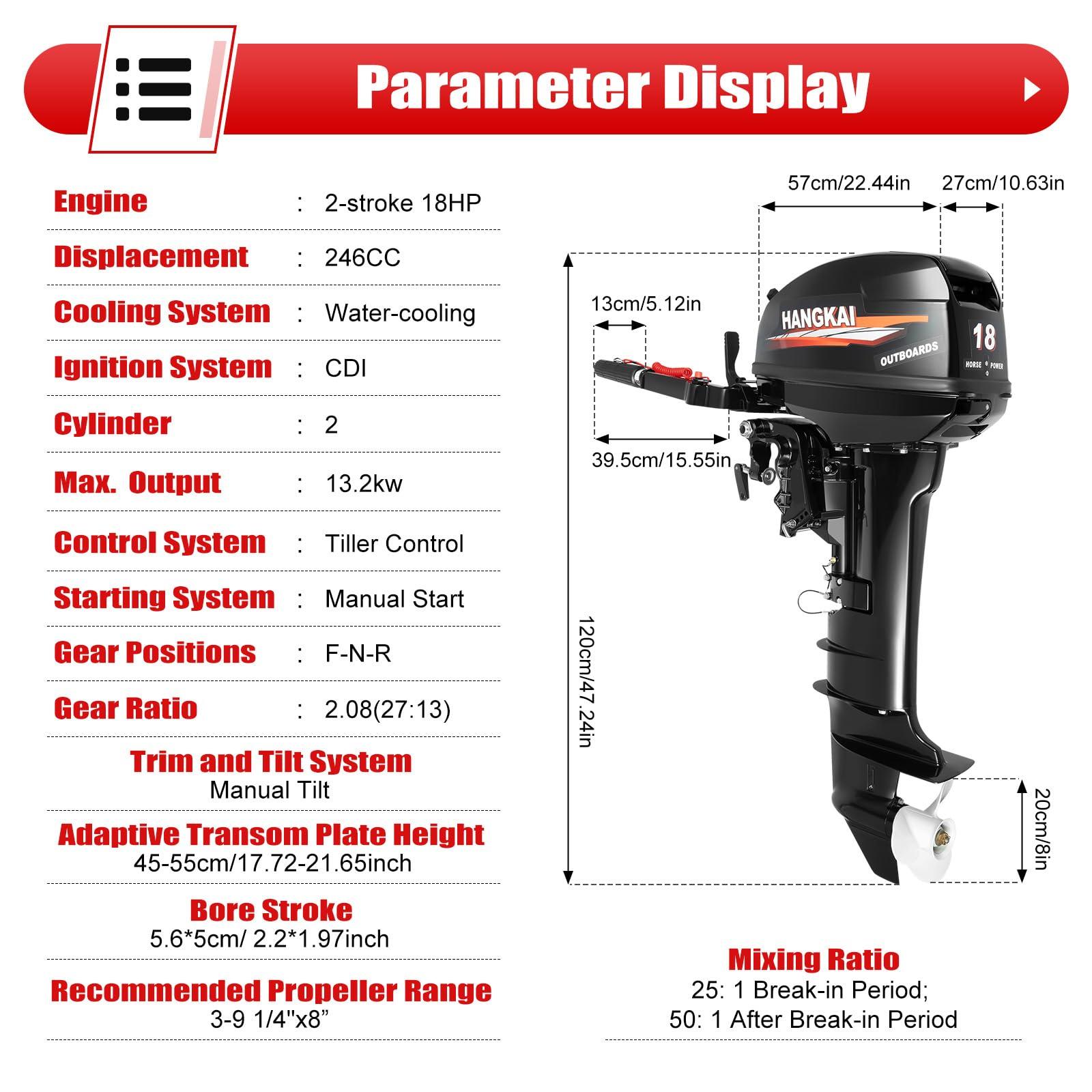 TBVECHI 18HP Outboard Motor, 2 Stroke Heavy Duty Fishing Boat Engine with Water Cooling and CDI System, 246CC Long Shaft Outboard Motor