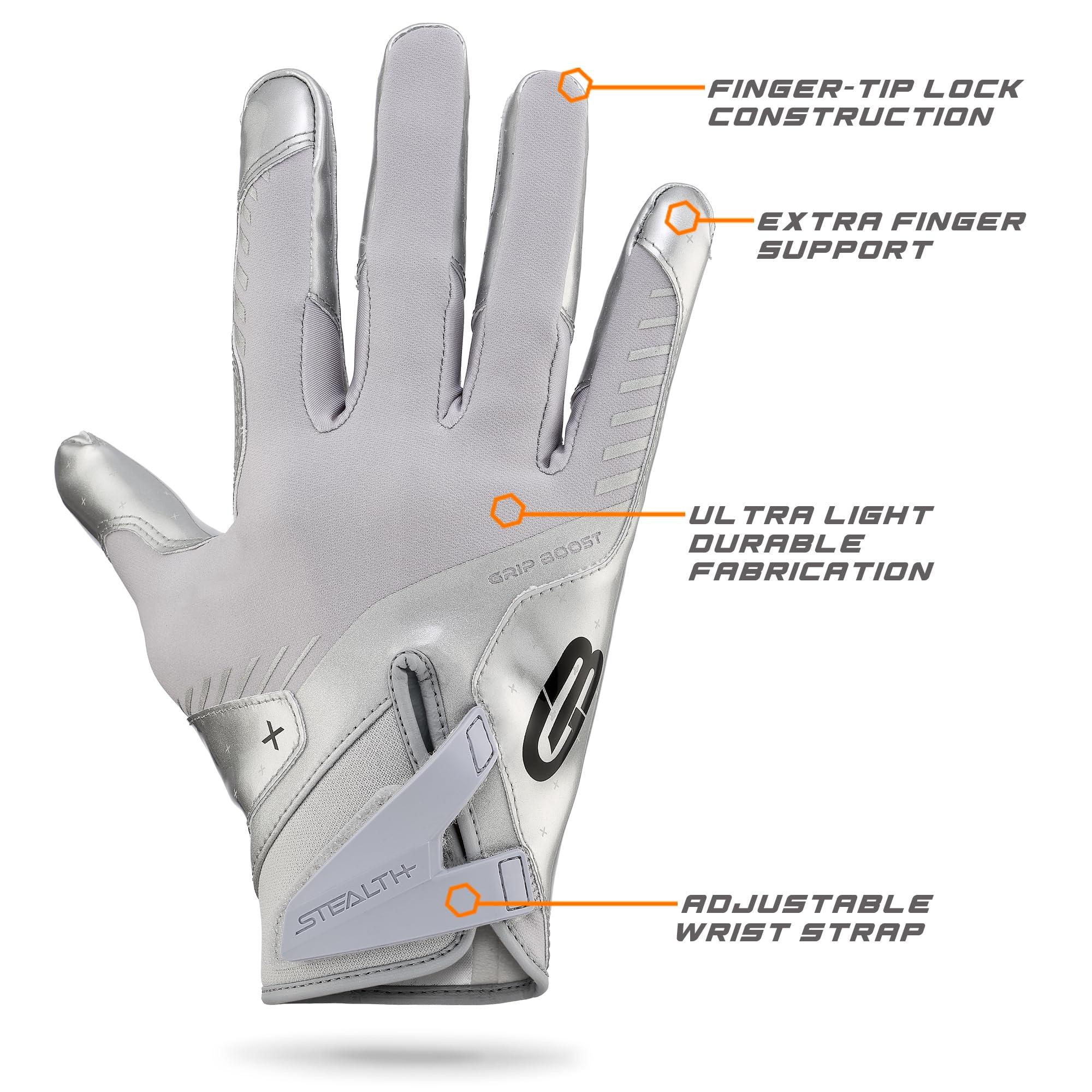 Grip Boost Grip Boost Football Gloves - Solid Stealth 6.0 Boost Plus Sticky Technology - Adult and Youth Football Gloves for Wide Receiver - Men's and Boys Sizes (Solid Chrome, Large)