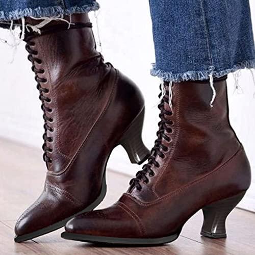 fabalshop Women Vintage Victorian Boots 70s Lace Up Women\'s Chunky Heeled Short Boots Retro Zipper Booties Winter Western Ankle Bootie Cowboy Cowgirl Boots Low Heel for Women Brown