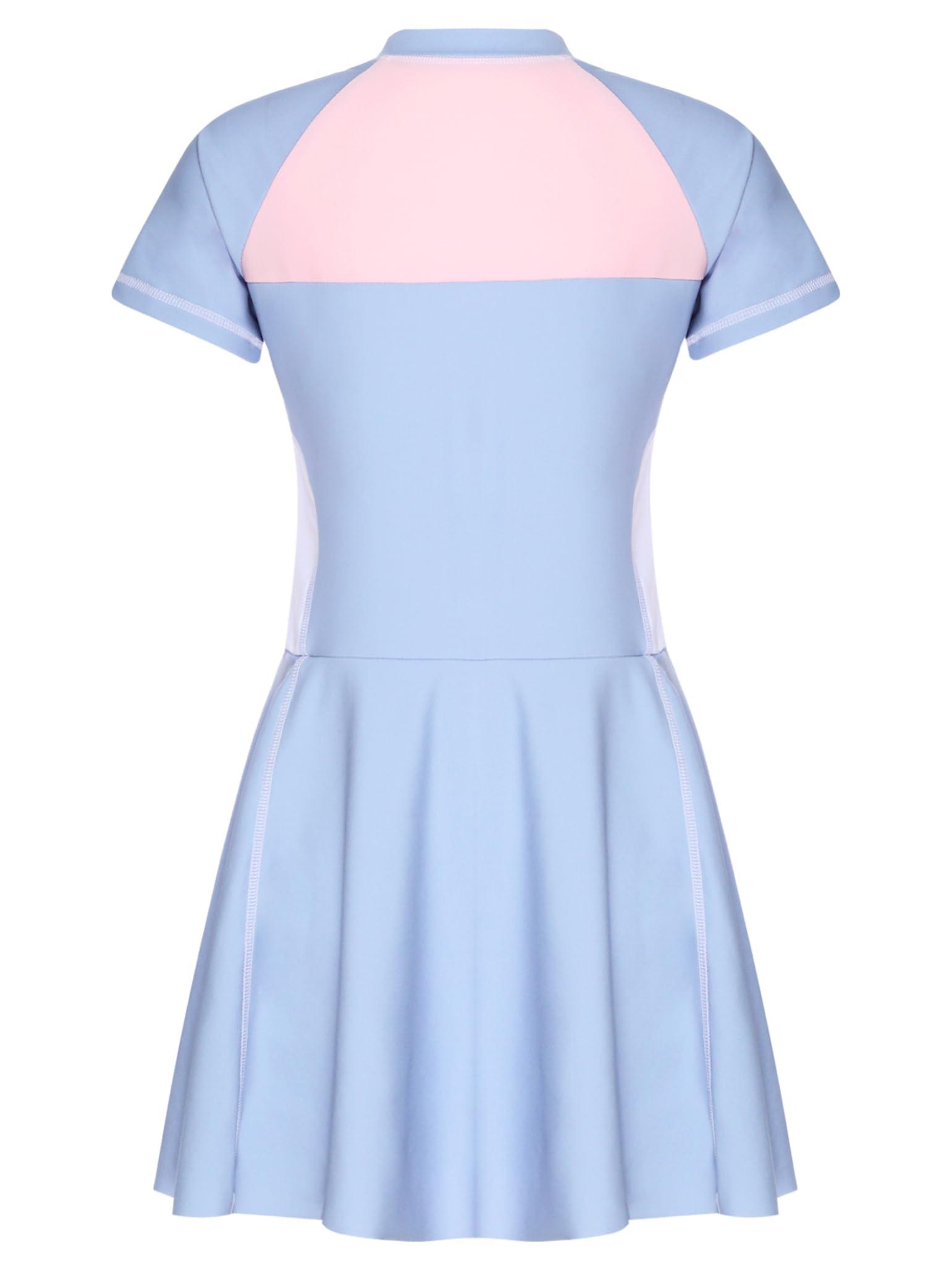 Moggemol Moggemol Kids Girls Short Sleeve Swimming Dress One Piece Swimsuit Boyshort Bottoms Bathing Suit Beachwear Blue 7-8 Years