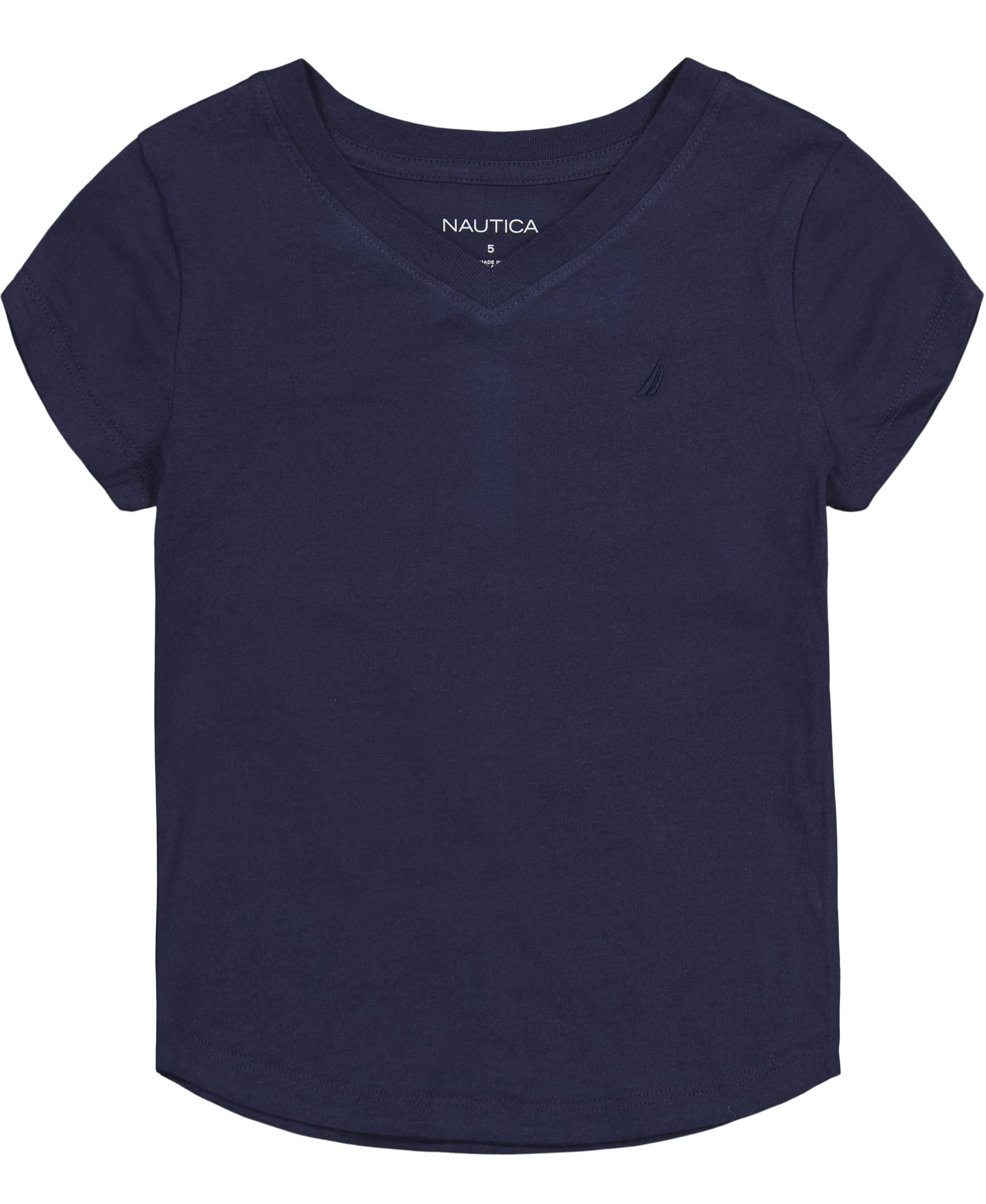 Nautica Nautica Girls' Short Sleeve V-Neck T-Shirt, Solid Cotton Blend Tee with Tagless Interior, Peacoat, 3T