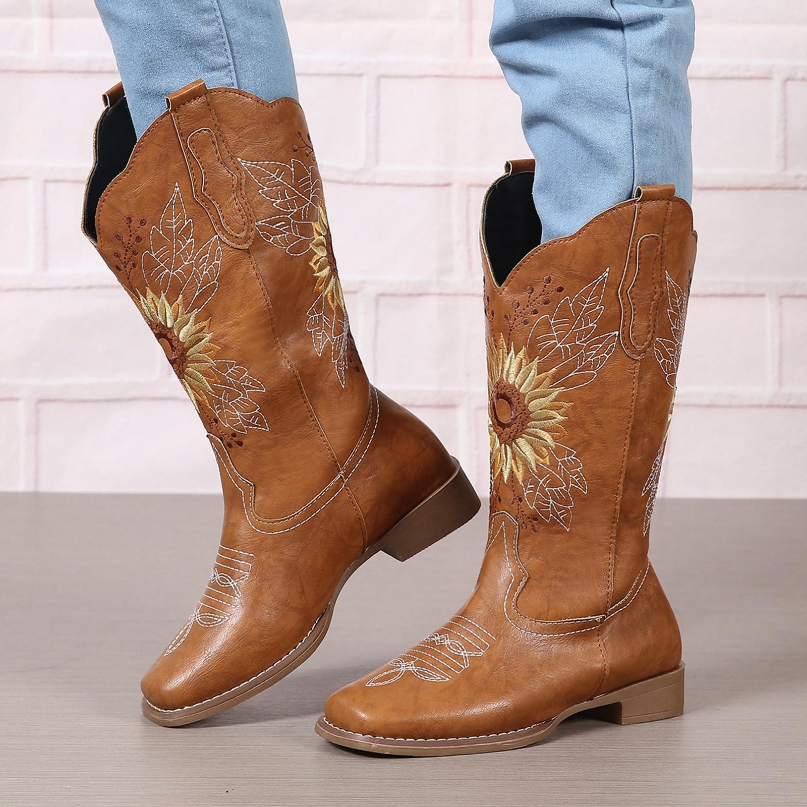 ZBYY ZBYY Womens Embroidered Sunflower Cowboy Cowgirl Boots Retro Square Toe Western Boots Chunky Heels Mid Calf Boots