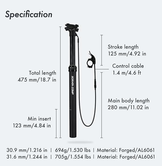DJC Components DJC MTB Dropper Seatpost Height Adjustable 125mm Travel Stroke External Cable Routing Remote Control Satori(External 31.6mm Diameter)