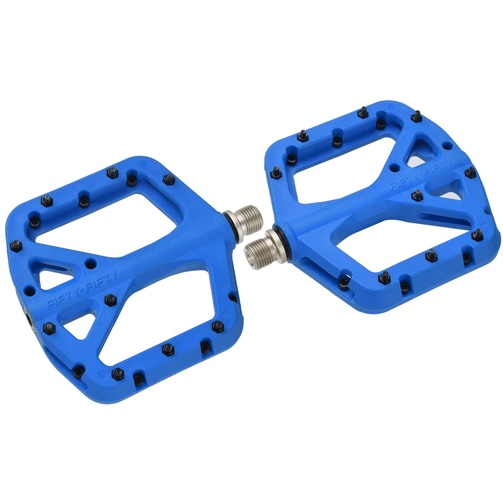 FIFTY-FIFTY FIFTY-FIFTY Mountain Bike Pedals, Non-Slip MTB Nylon Composite, 9/16" Bicycle Pedals, Lightweight and Wide Flat Platform (Blue)