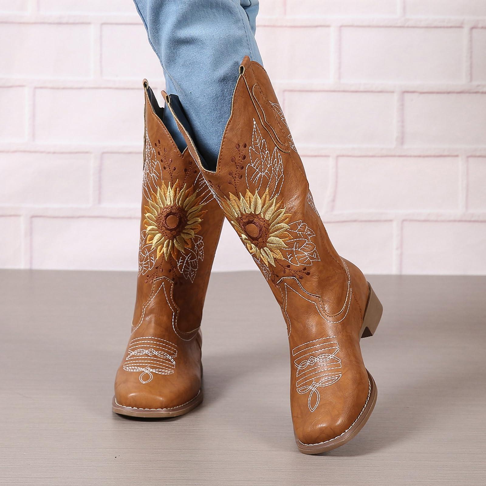 ZBYY ZBYY Womens Embroidered Sunflower Cowboy Cowgirl Boots Retro Square Toe Western Boots Chunky Heels Mid Calf Boots