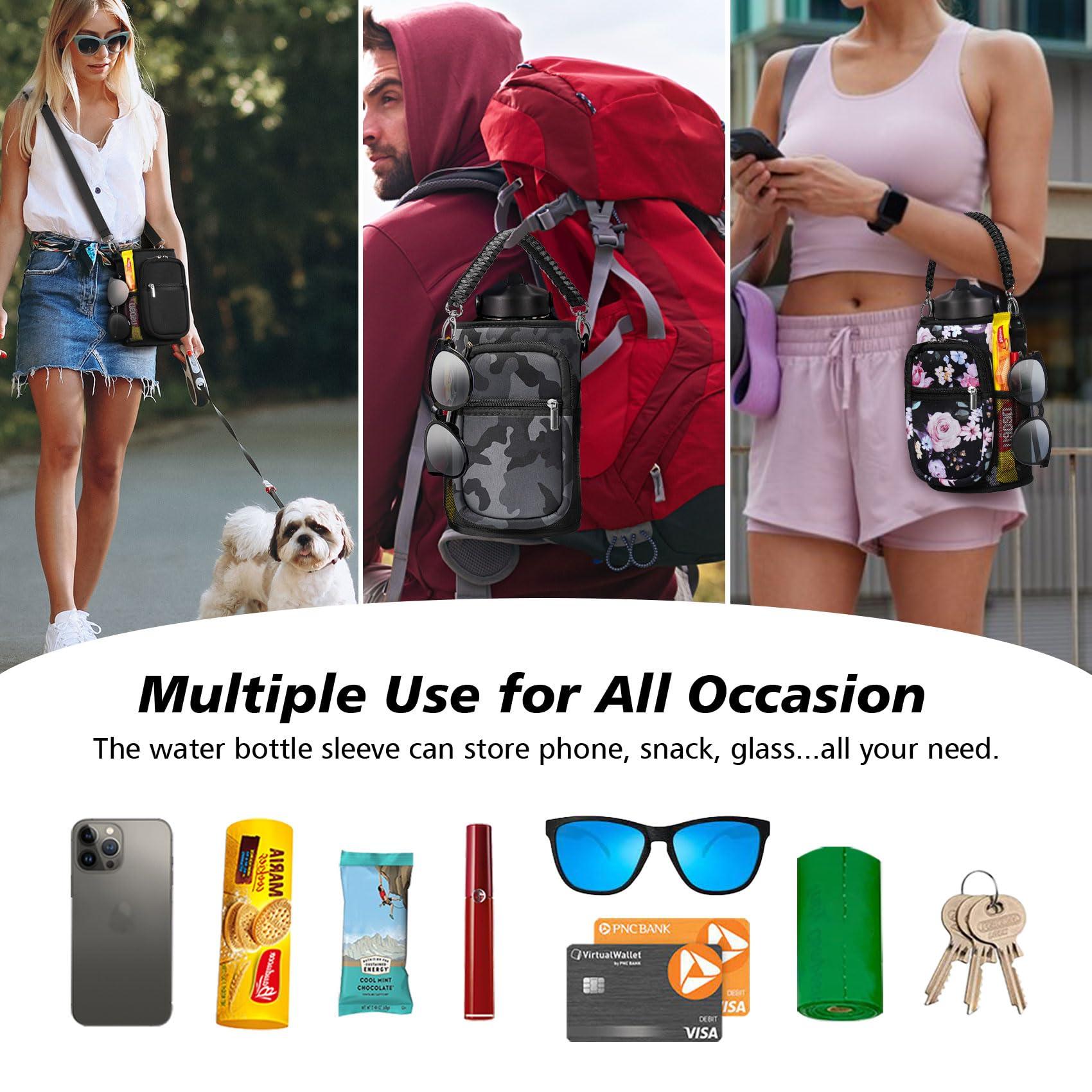 AceTreker AceTreker 64/128 oz Water Bottle Carrier Bag, Insulated Half Gallon Water Bottle Sleeve with 5 pocket, Sport Water Flask with Paracord Handle and Shoulder Strap for Walking Hiking Camping Gym-Navy