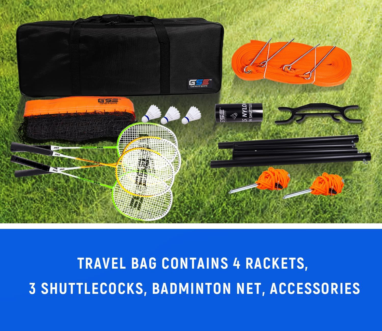 GSE Games & Sports Expert GSE Badminton Sets with Net, Portable Complete Badminton Sets for backyards with net with 4 Rackets,Portable Badminton Net,3 Birdies