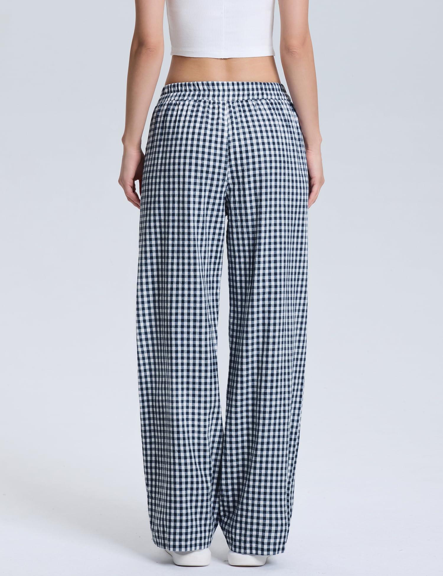 LOMON LOMON Women's Gingham Plaid Wide Leg Pants Cotton Boxers Pajama Lounge Pj Casual Trousers Y2K Flowy Bottoms with Pockets (Navy Blue Plaid, XXL)