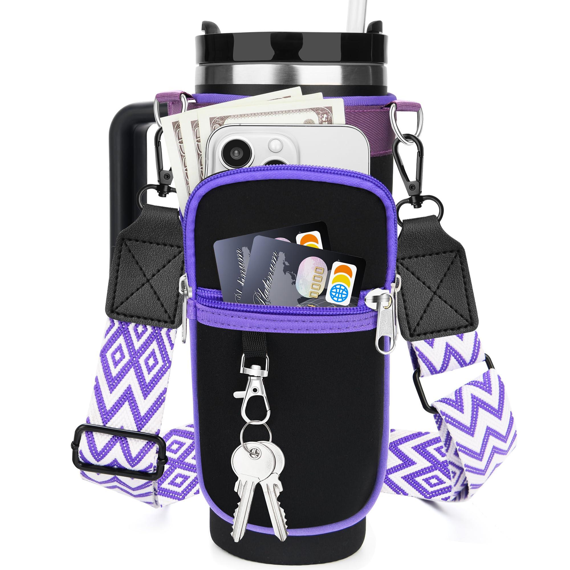 RIFESI Water Bottle Holder Carrier with Adjustable Strap for Stanley Cup 40oz with Handle, Neoprene Water Bottle Sling Bag with Phone Pocket & Carabiner Tumbler Accessories, Birthday Gifts for Men Women