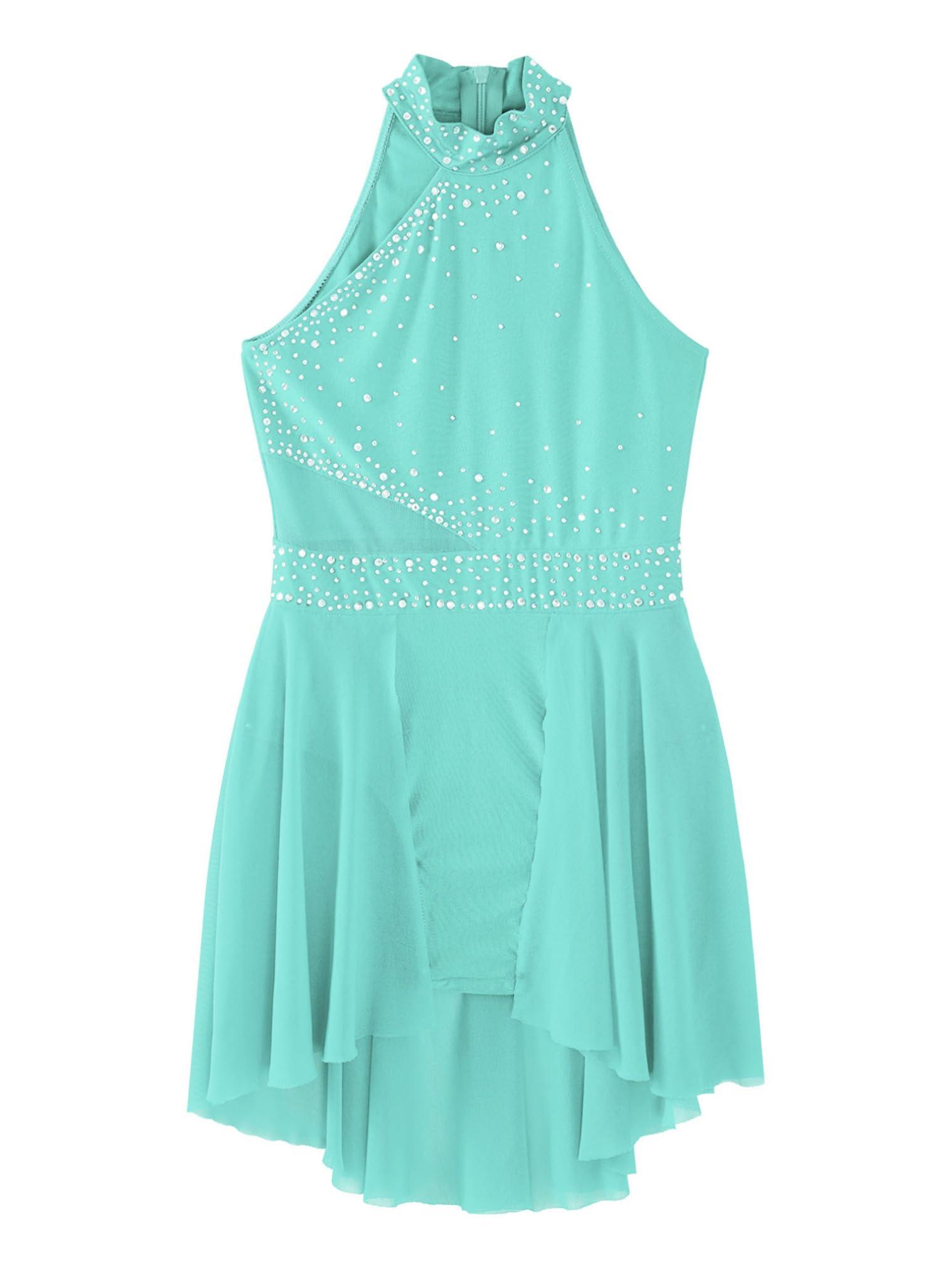 JEATHA JEATHA Kids Girls Rhinestone Sleeveless Mock Neck Roller Skating Dress Gymnastic Leotard Ballet Dance Costume Mint Green B 16