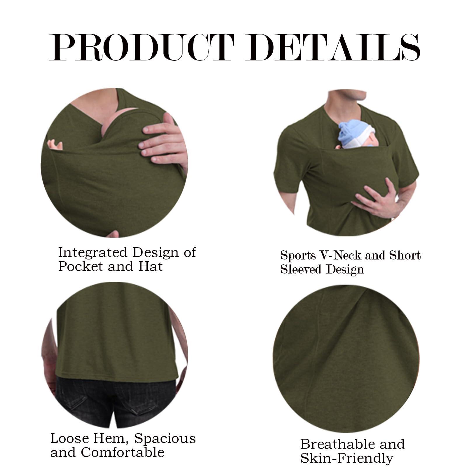 Jefuzh Mens Baby Carrier Shirt, Kangaroo Shirt for Dad and Baby V Neck Short Sleeve Kangaroo T Shirt for Dad with Hat-Grey Hat-3XL