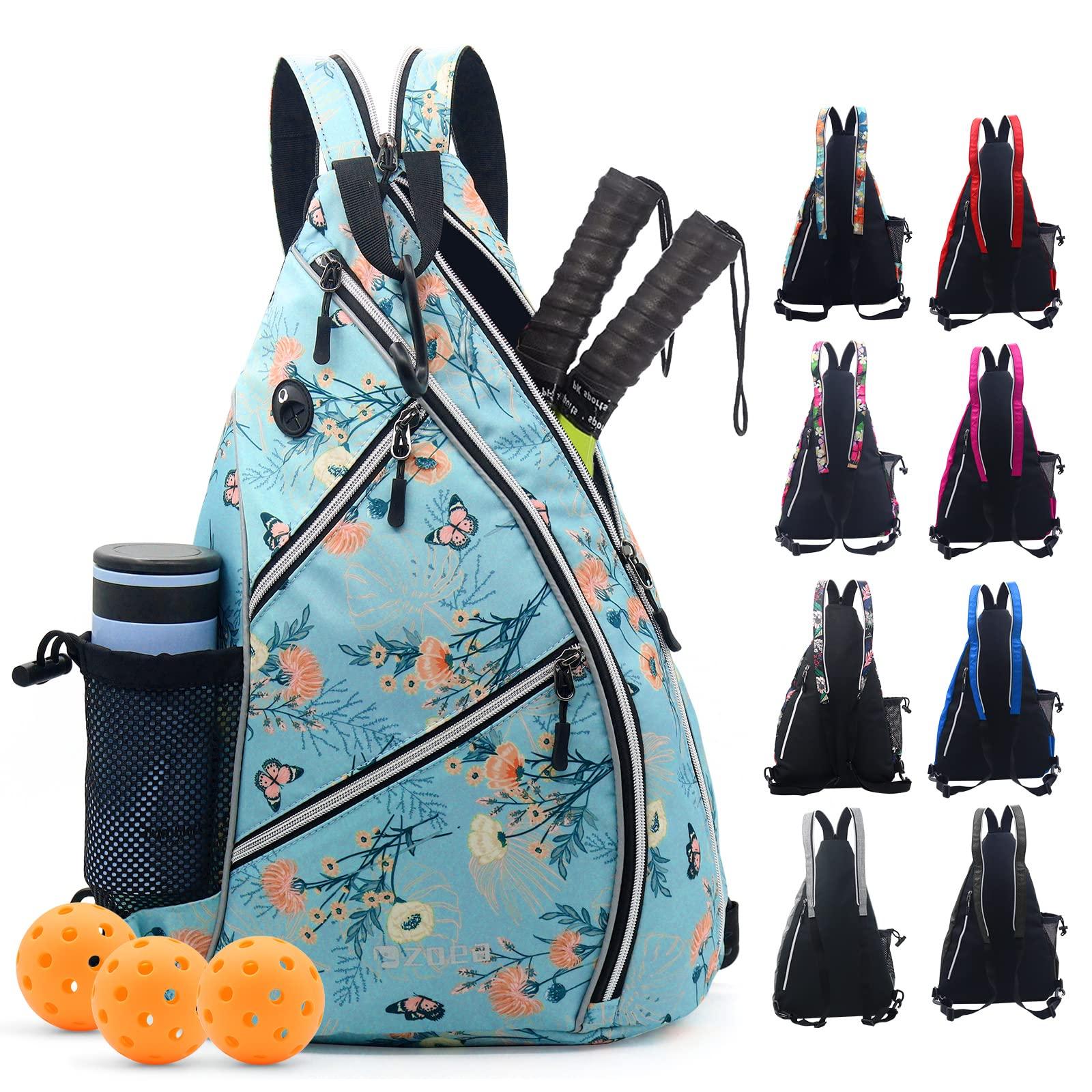 ZOEA ZOEA Pickleball Bag, Sport Pickleball Sling Bag for Women Man, Adjustable Pickleball Backpack with Fence Hook Water Bottle Holder, Fits 4 Paddles and All Your Other Gear (Flower Blue)
