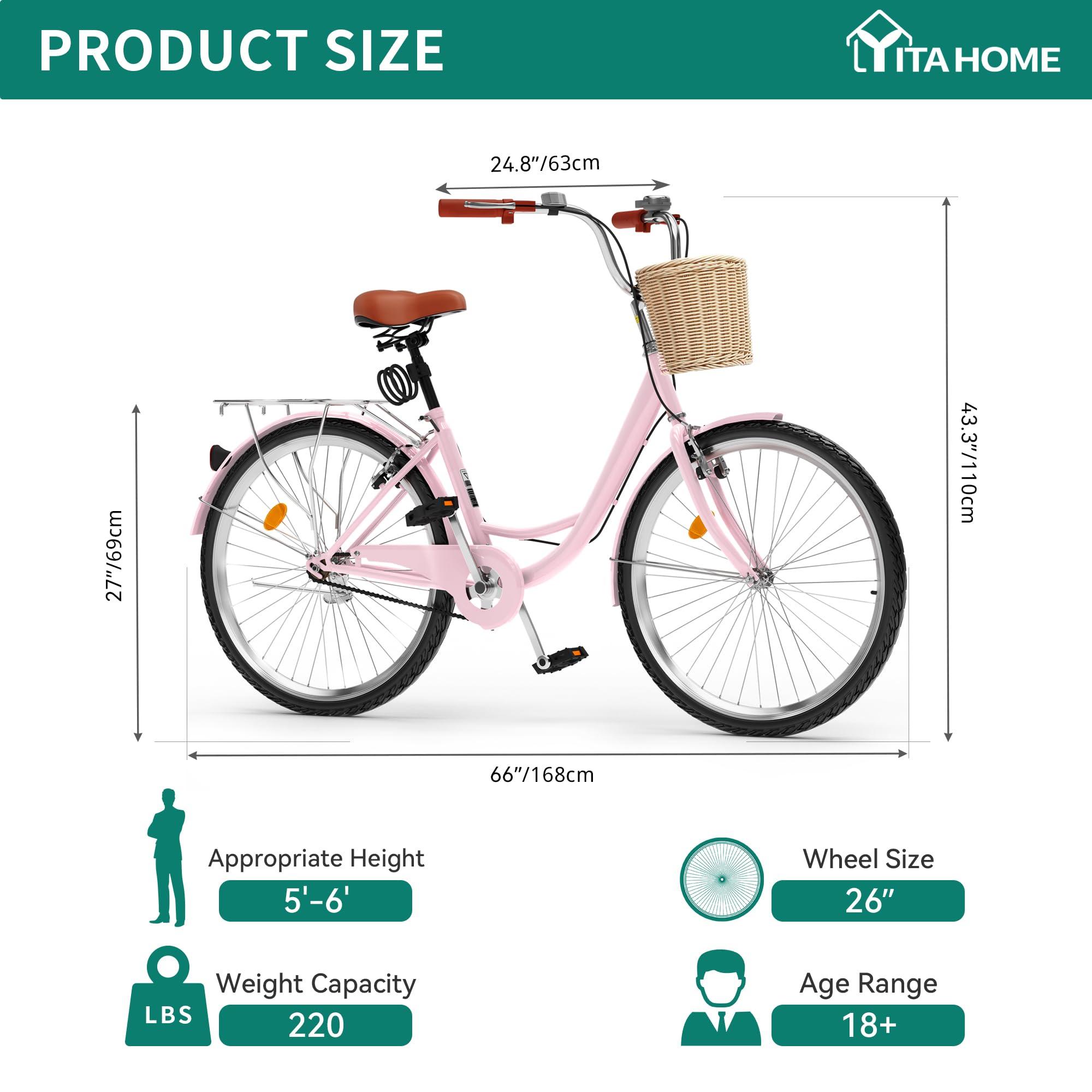 YITAHOME YITAHOME 24 Inch Beach Cruiser Bike for Women, 1 Speed Commute Bicycle for Adults, Women Bike with Adjustable Seat & Basket, Multiple Color