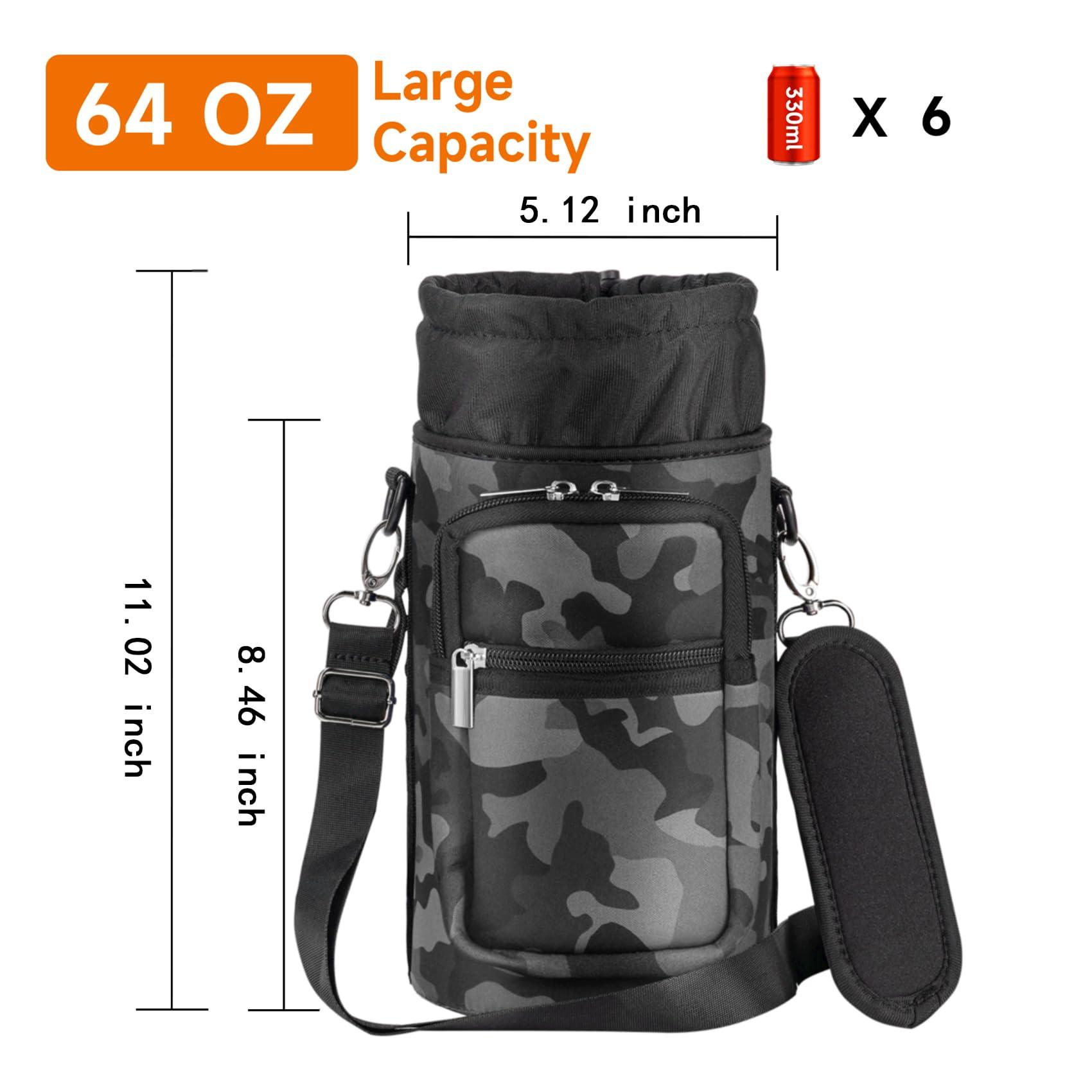 AceTreker AceTreker 64 oz /87 oz/128 oz Neoprene Insulated Water Bottle Carrier Bag, Sling Bag Sleeve Pouch Holder with Adjustable Shoulder Strap & Paracord Handle and 2 Pocket for Traveling, Camping-Gray Camo