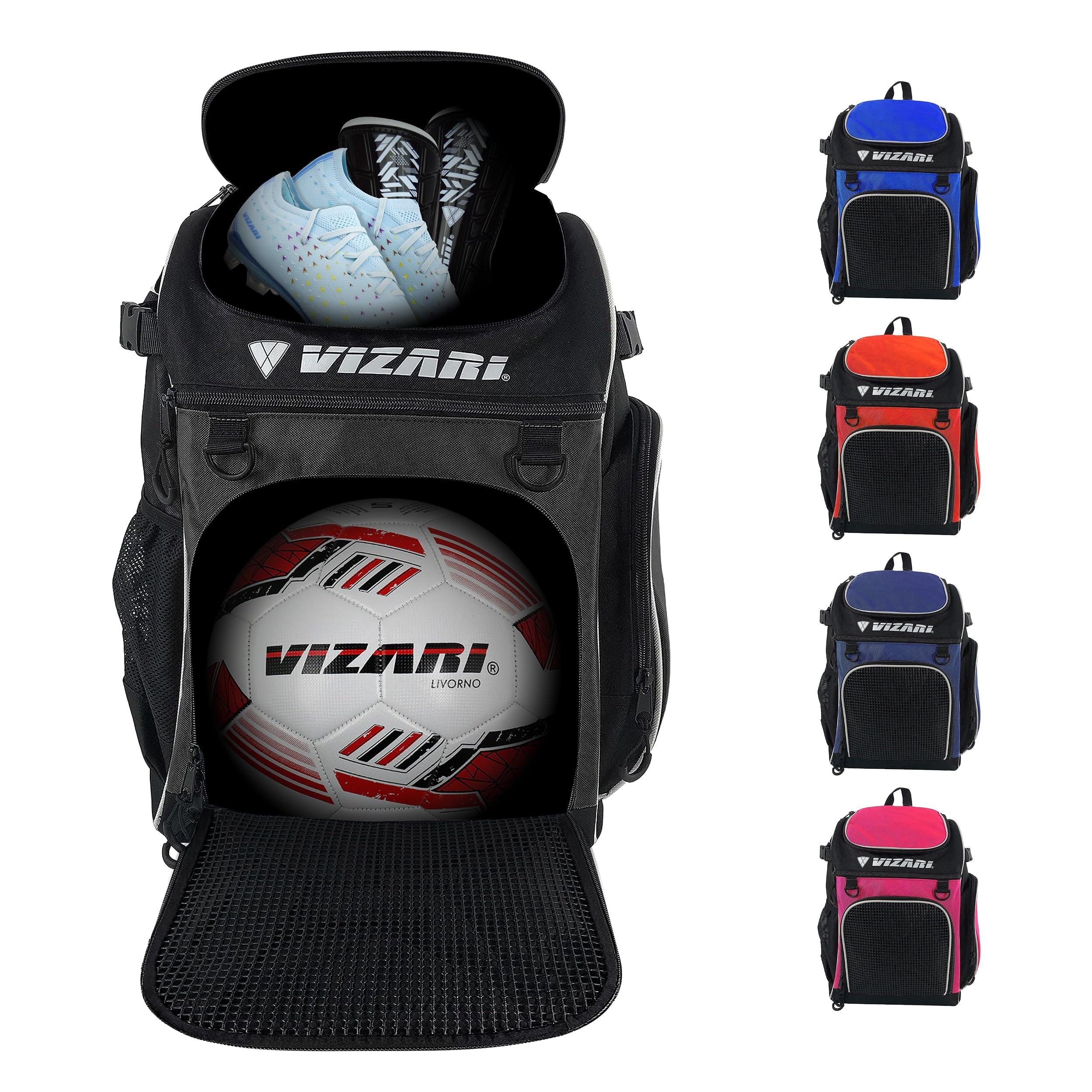 Vizari Vizari Soccer Backpack Soccer Bag | Water resistant Durable Equipment Bag for Football, Basketball, Volleyball | Cleats and Ball Compartment - Black, Blue, Red