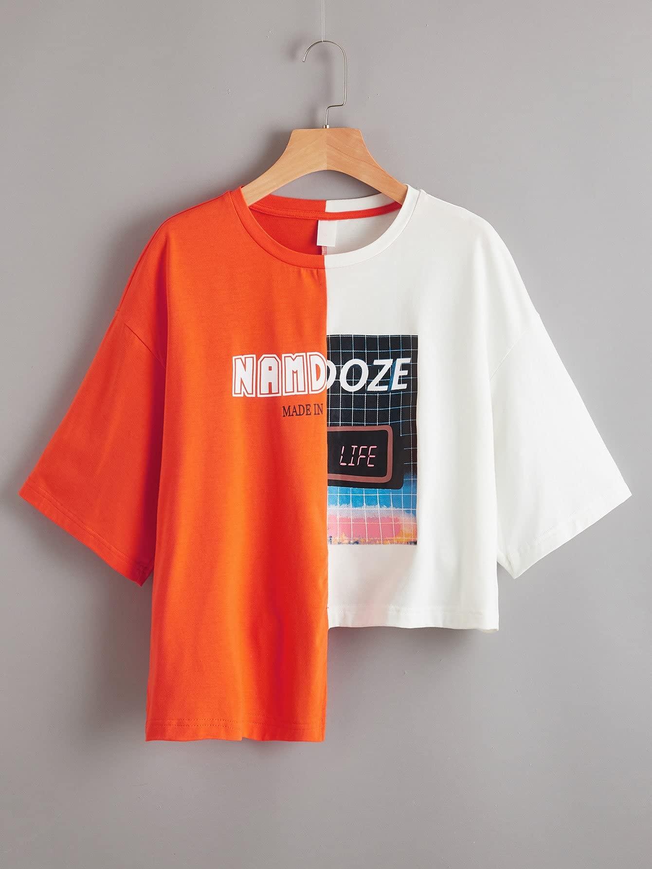 Domt Domt Women's T-Shirt Mixed Print Two Tone Asymmetrical Neon Tee Women's Tops (Color : Multicolor, Size : X-Small)