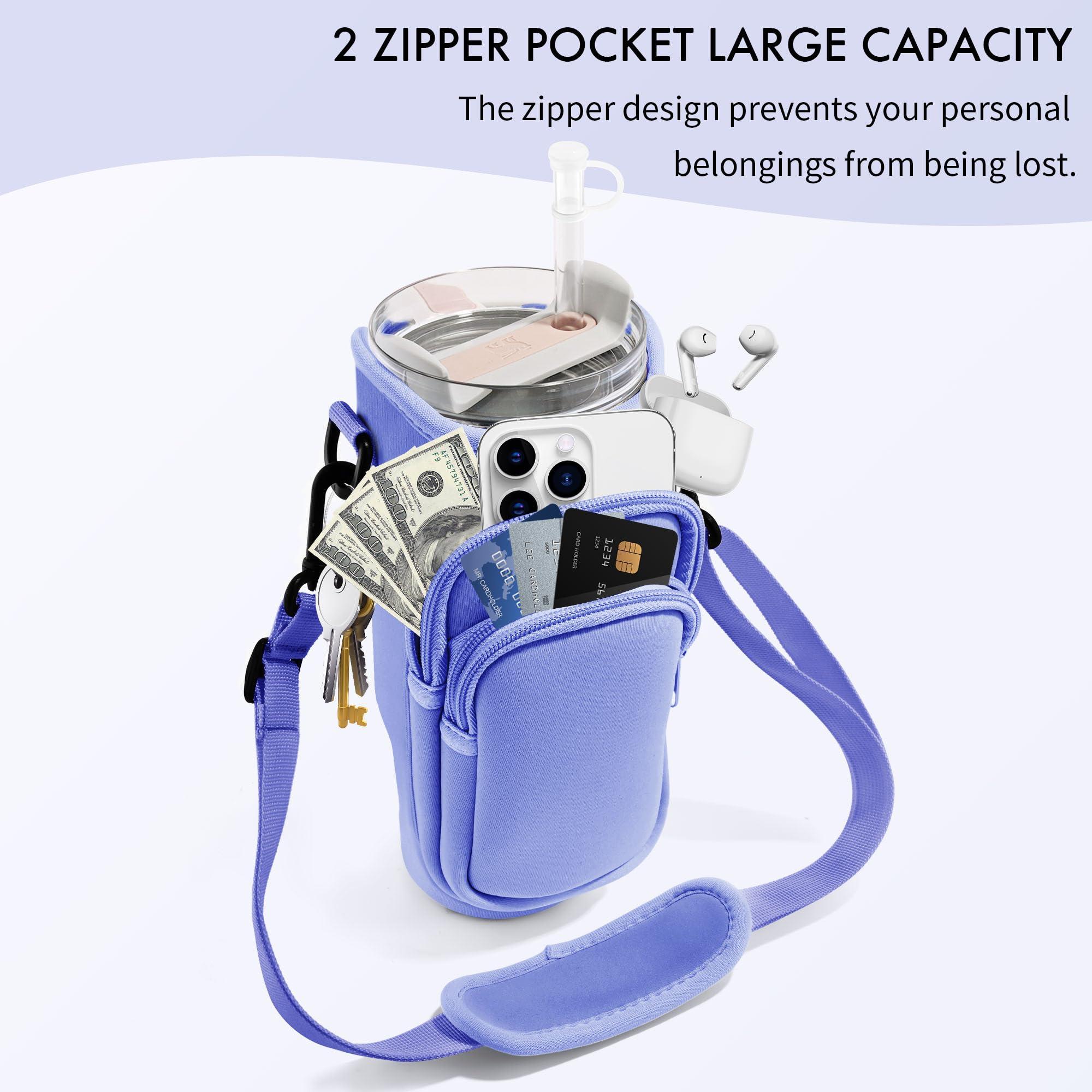 JEBEALUO JEBEALUO Water Bottle Carrier Bag with Phone Pocket for Stanley Cup 40/30 oz, Water Bottle Holder with Adjustable Strap& Straw Cover, Stanley Cup Accessories (Violet)