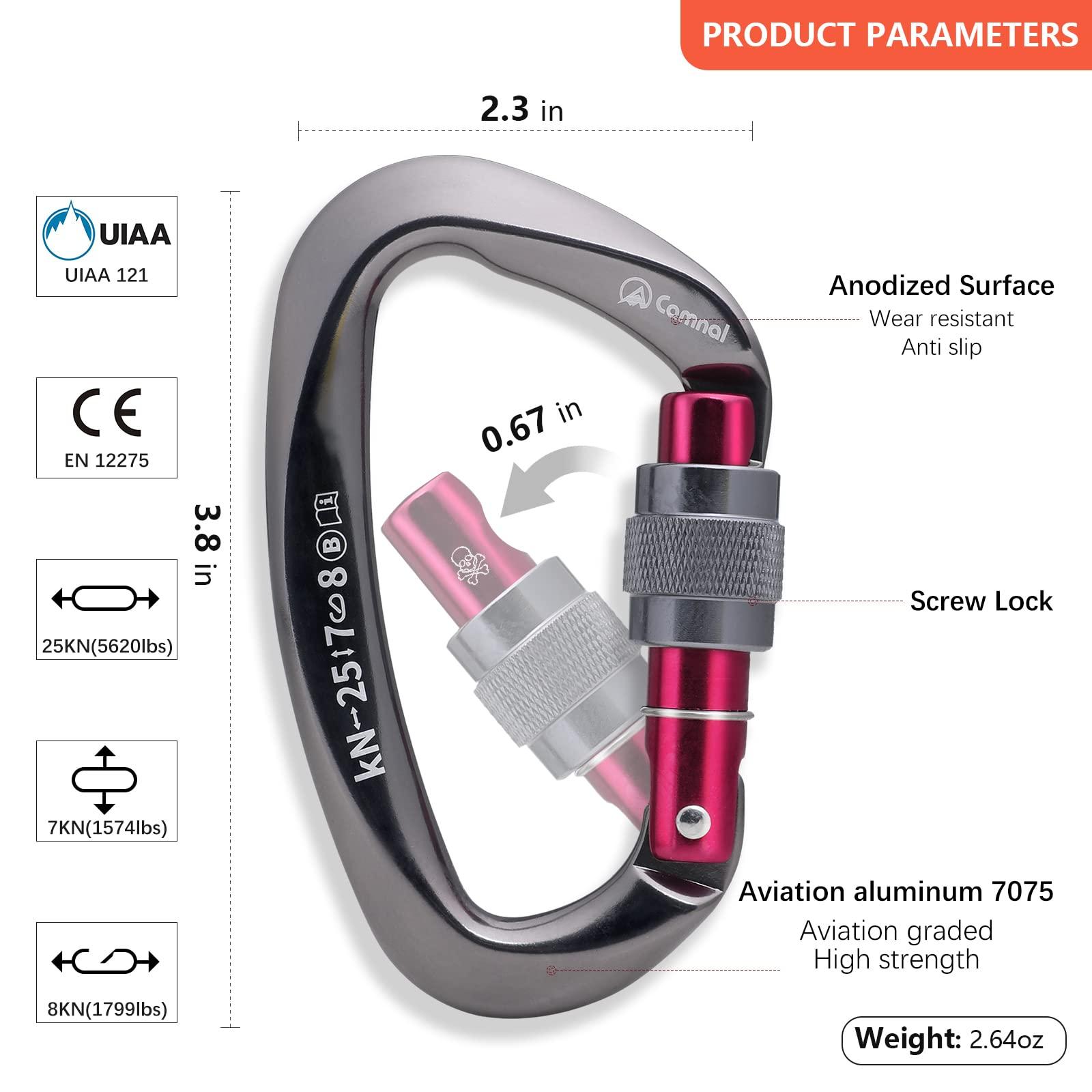 CAMNAL CAMNAL Heavy Duty Carabiner UIAA Certified Locking Carabiner 25KN (About 5620 lbs) Screw Lock Carabiner D Shape Carabiner Clip for Rock Climbing, Mountaineer, Aerial Work