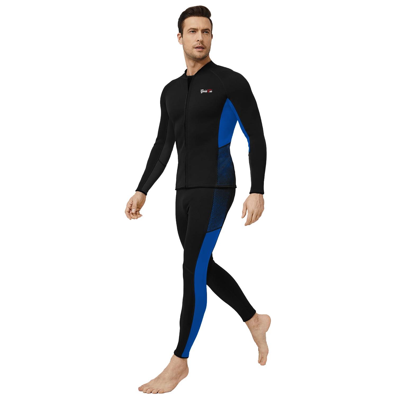 GoldFin GoldFin Mens Wetsuit Tops and Pants, 2mm Wet Suits Neoprene Jacket and Pants for Men Keep Warm for Water Sports Swimming Snorkeling Scuba Kayaking Diving Surfing (Blue, Small)