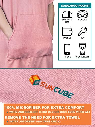 SUNCUBE SUN CUBE Surf Poncho Changing Robe with Hood, Thick Quick Dry Microfiber Wetsuit Changing Towel for Surfing Beach Swim Outdoor Sports Women, Absorbent Wearable Towel Cover Up with Pocket, Pink