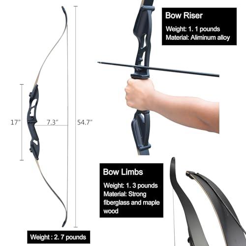 D&Q D&Q Bow and Arrow for Adults Takedown Recurve Bows Hunting Bow Archery Set Adult Longbows Kit 56\" 30-50lb Right Hand Bow Aluminum Alloy Riser for Beginner and Professional Hunting ShootingBlack,45lb