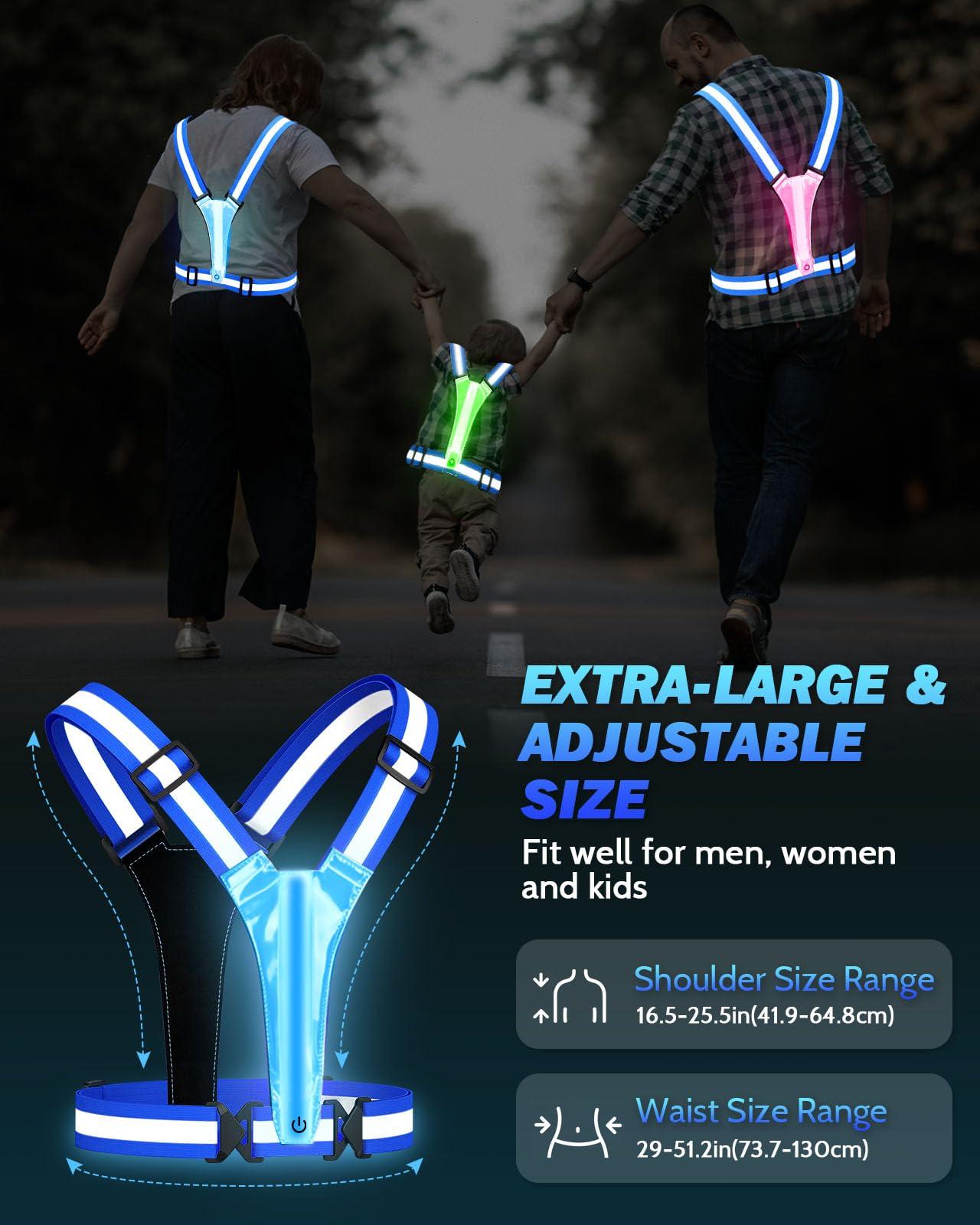 Fitense XL Size - LED Reflective Running Vest, 5 Colors Light Up Running Vest Rechargeable Running Lights for Runners High Visibility Reflective Running Gear, Adjustable for Men and Women