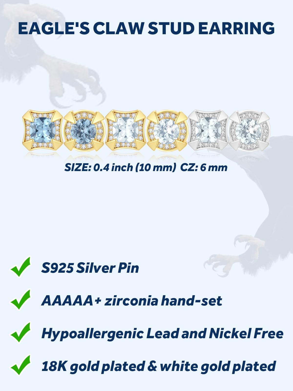 ketryep Cubic Zirconia Mens Earrings Stud Eagle Claw Stud Earrings for Men Women, Jewelry Christmas Birthday Gifts for Women Mens (Silver-square)