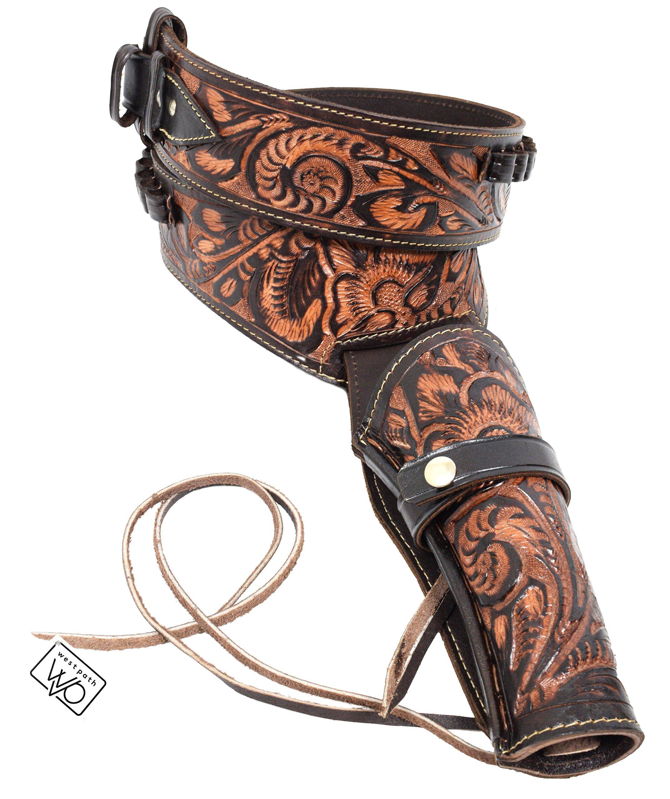 Open Road Goods 22 Caliber Western Leather Gun Holster & Belt - Cowboy Style Single Drop Rig Standard Barrel - Authentic Handmade Hand Tooled .22 Cal (Brown, 34)