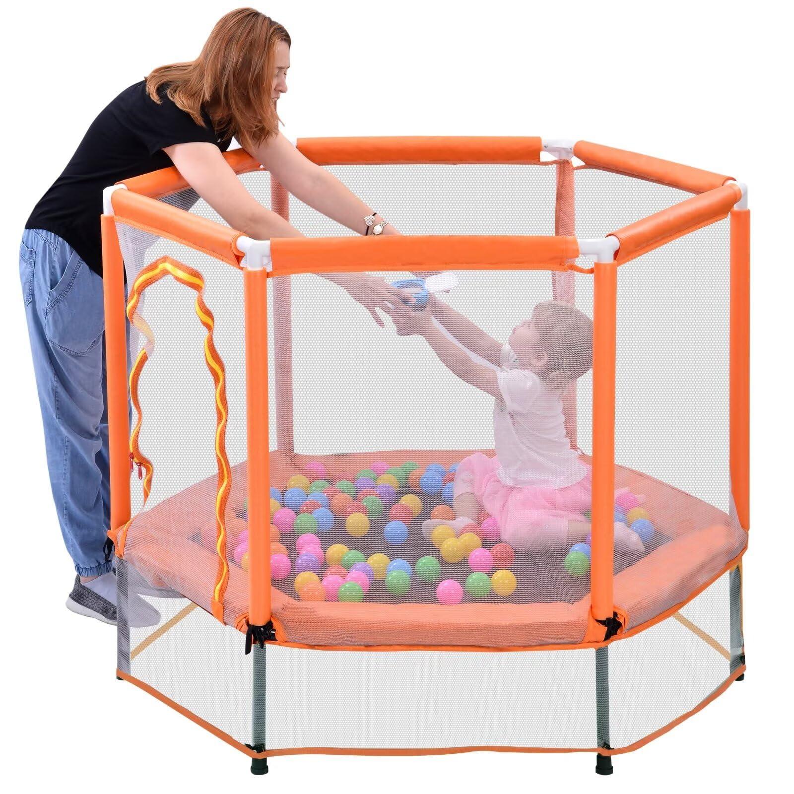 Merax Merax 55" Mini Trampoline for Kids, 4.5FT Indoor Outdoor Toddler Trampoline with Safety Enclosure Net and Pit Balls Baby Small Trampolines Birthday Gifts for Girl and Boy Age 3 Months and up, Orange