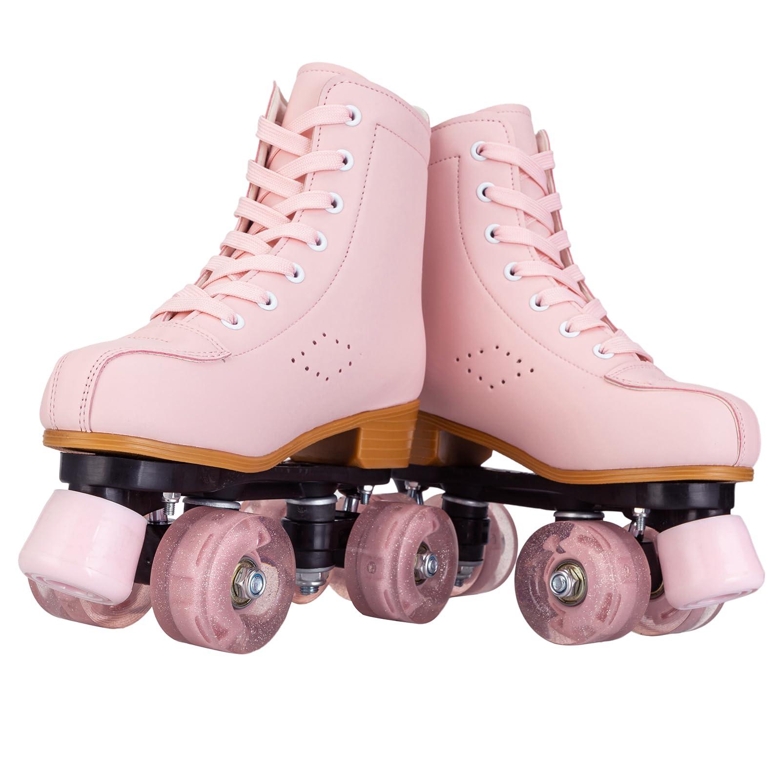 YYW YYW Roller Skates for Girls and Women, Fantastic Pink Purple PU Leather Light Up Kids Youth Roller Skates, Indoor Outdoor Roller Skates Girls Ages 8-12 (37-US Women 7/ Youth 6,Pink)