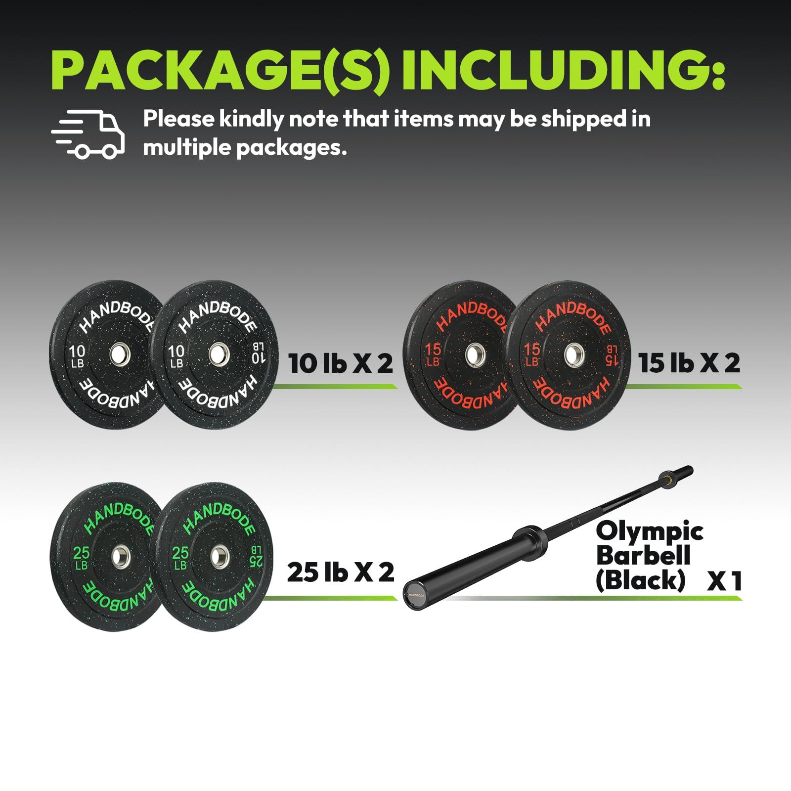 HANDBODE HANDBODE Bumper Plates High-Bounce Olympic Weight Plates, Colored crumb rubber plate for Weight Lifting and Strength Training 100LB with 45 lb (20 kg) Black Barbell