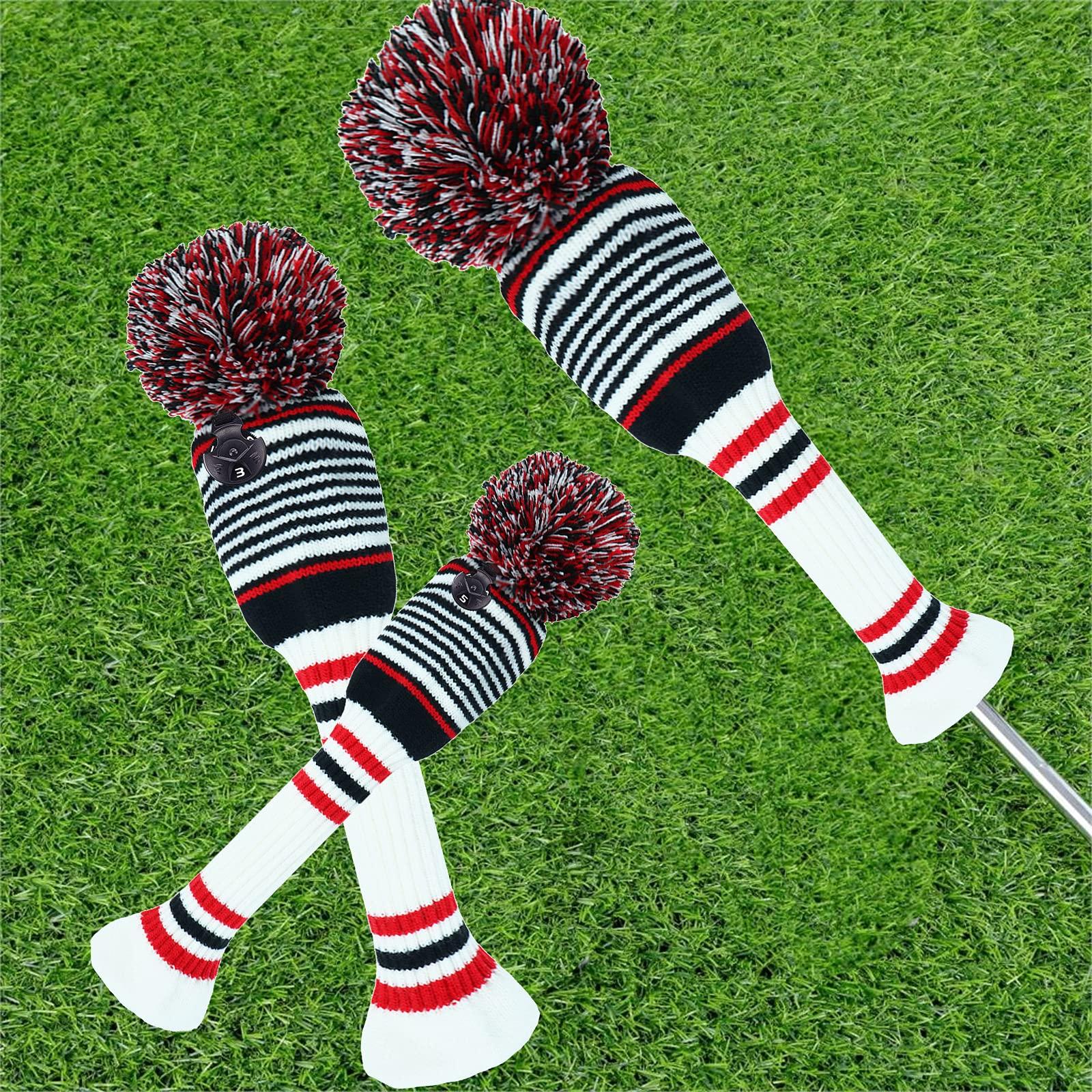Amy Sport Golf Head Covers Knitted Woods Driver Fairway Hybrid Pom Pom Cover Washable Soft Kint Headcover 1 3 5 for Men Women Kids Sold in Separate (White&Black&Red Stripes, #1 Driver)