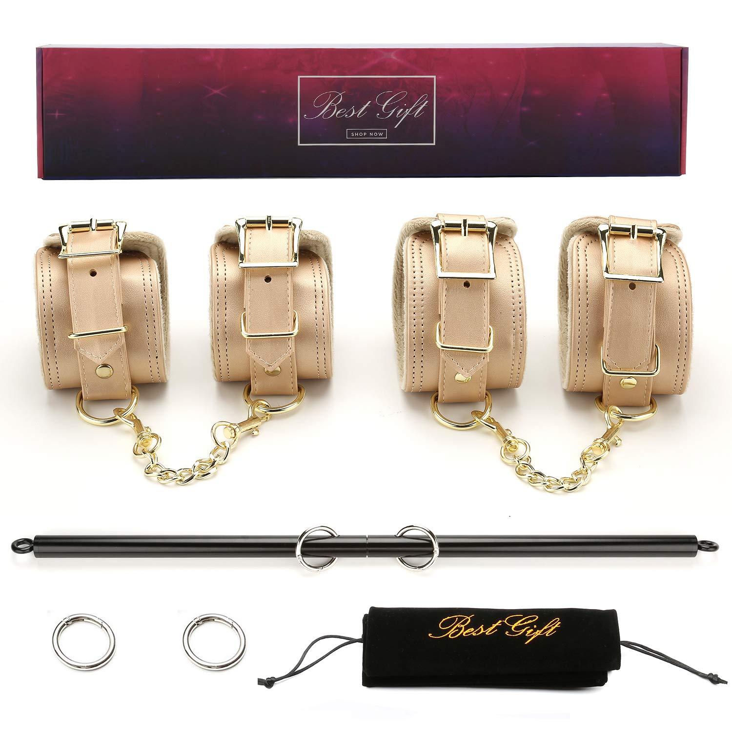 EXREIZST EXREIZST Expandable Silver Spreader Bar Set with 4 Blue Soft Fur Leather Straps Adjustable Exercise Sports Fitness Training Tool Kit